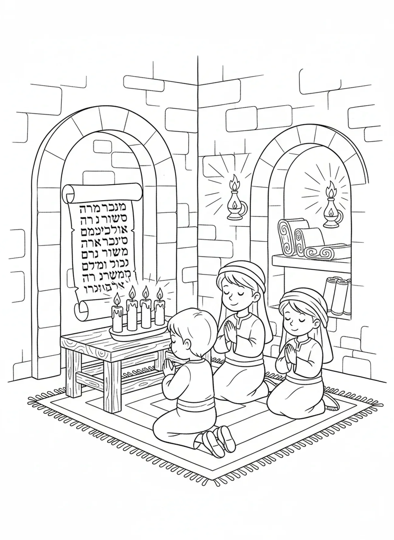 Crianças orando, página para colorir da Semana 2 da Coroa do Advento para crianças da Escola Dominical de 5 a 12 anos.