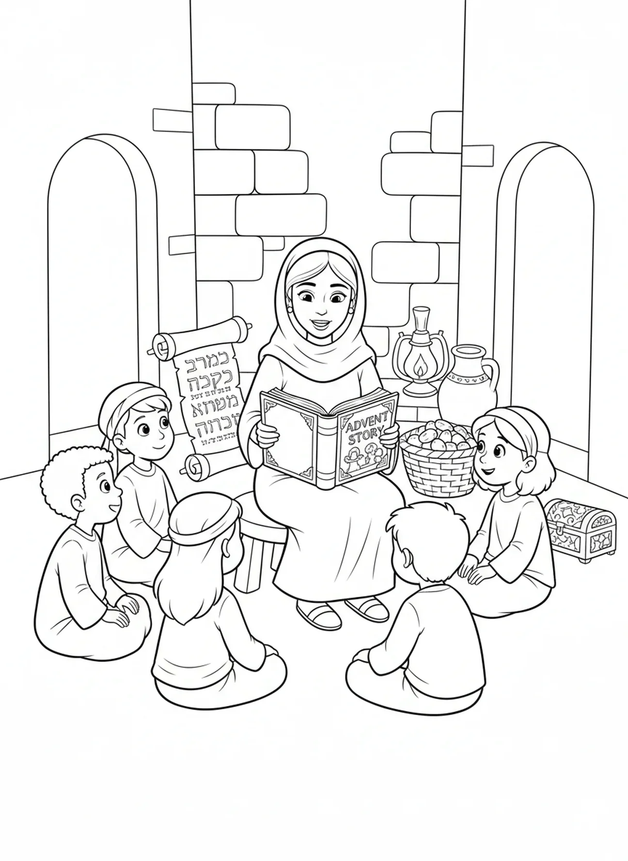 Professor lendo a Bíblia, página de colorir da Semana 2 da Advento para crianças da Escola Dominical de 5 a 12 anos.