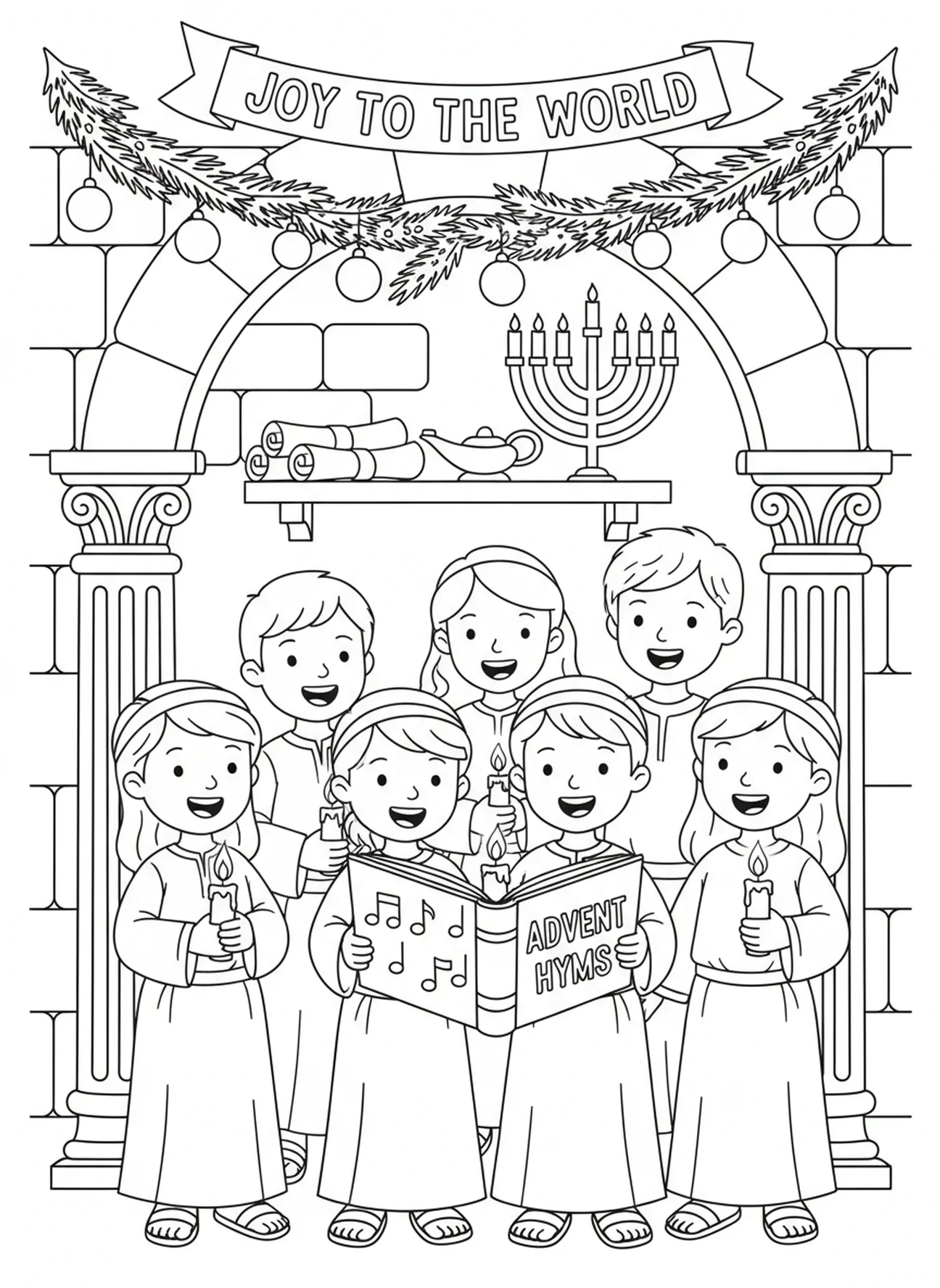 Crianças cantando hinos, página para colorir da Semana 2 da Advento para crianças da Escola Dominical de 5 a 12 anos.
