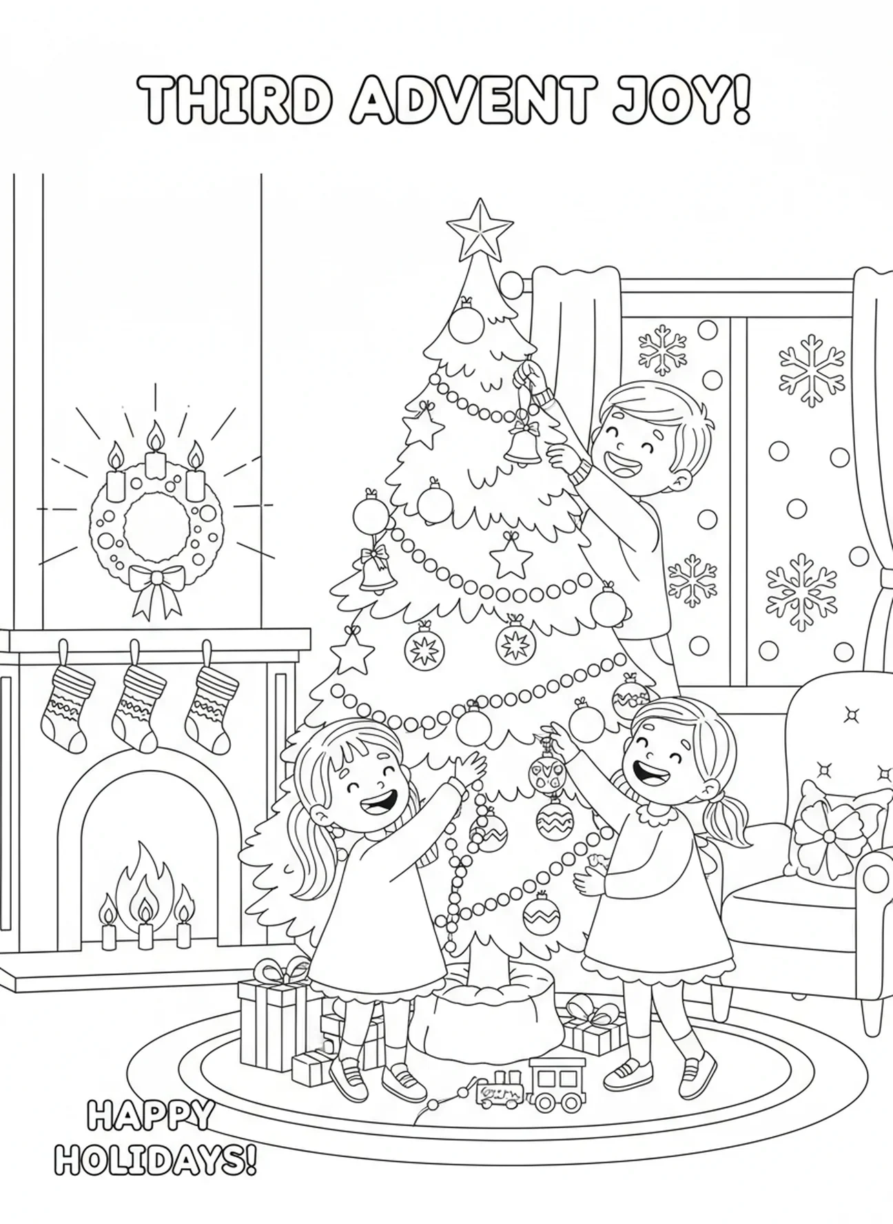 Enfants décorant un sapin de Noël, page à colorier de la semaine 3 de l'Avent pour les enfants de 5 à 10 ans.