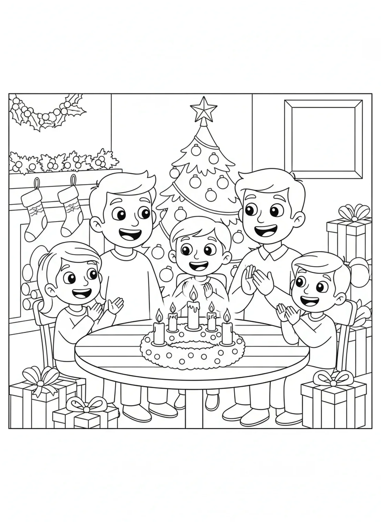 Rassemblement familial autour de la table, page à colorier de la semaine 3 de l'Avent pour les enfants de 5 à 10 ans.