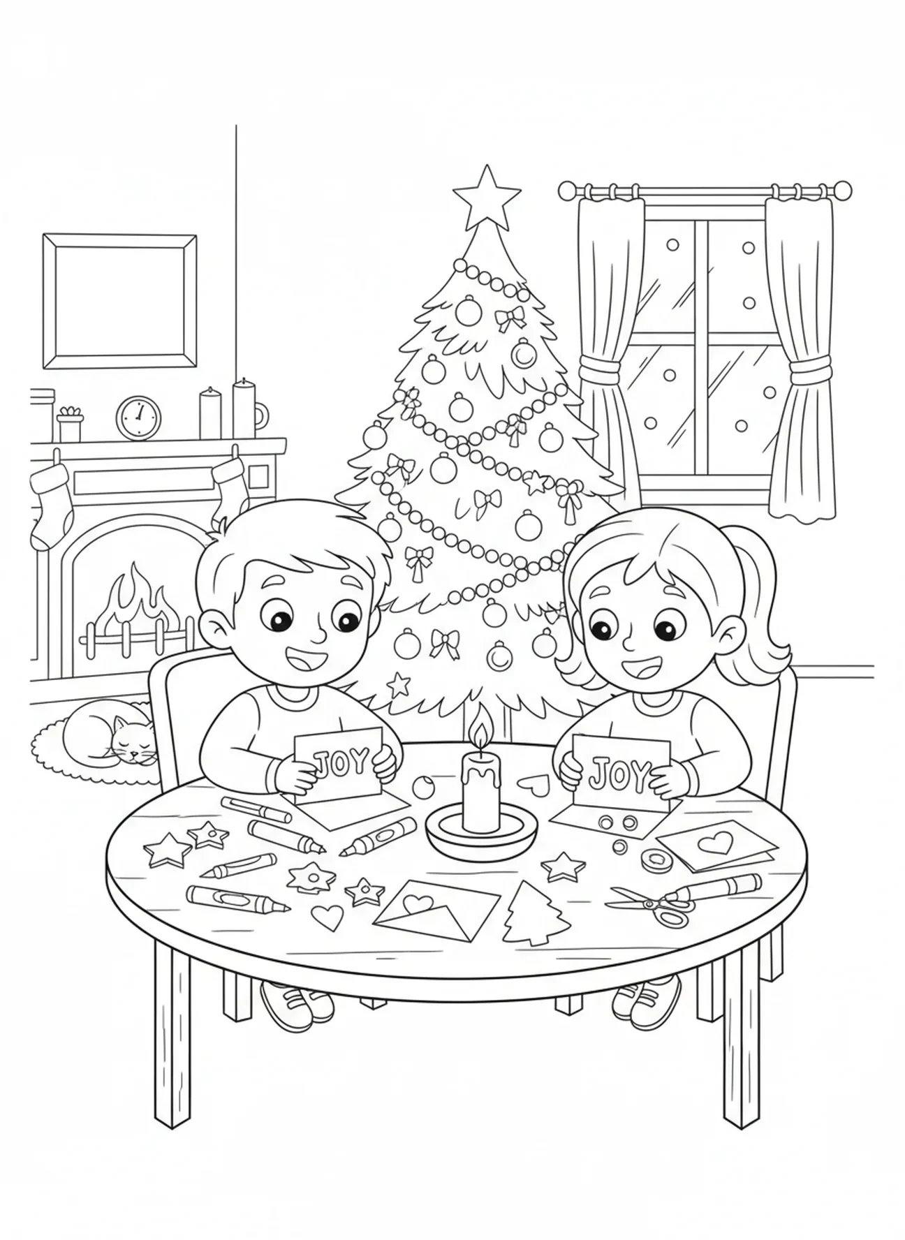 Enfants fabriquant des cartes de Noël, page à colorier de la semaine 3 de l'Avent pour les enfants de 5 à 10 ans.