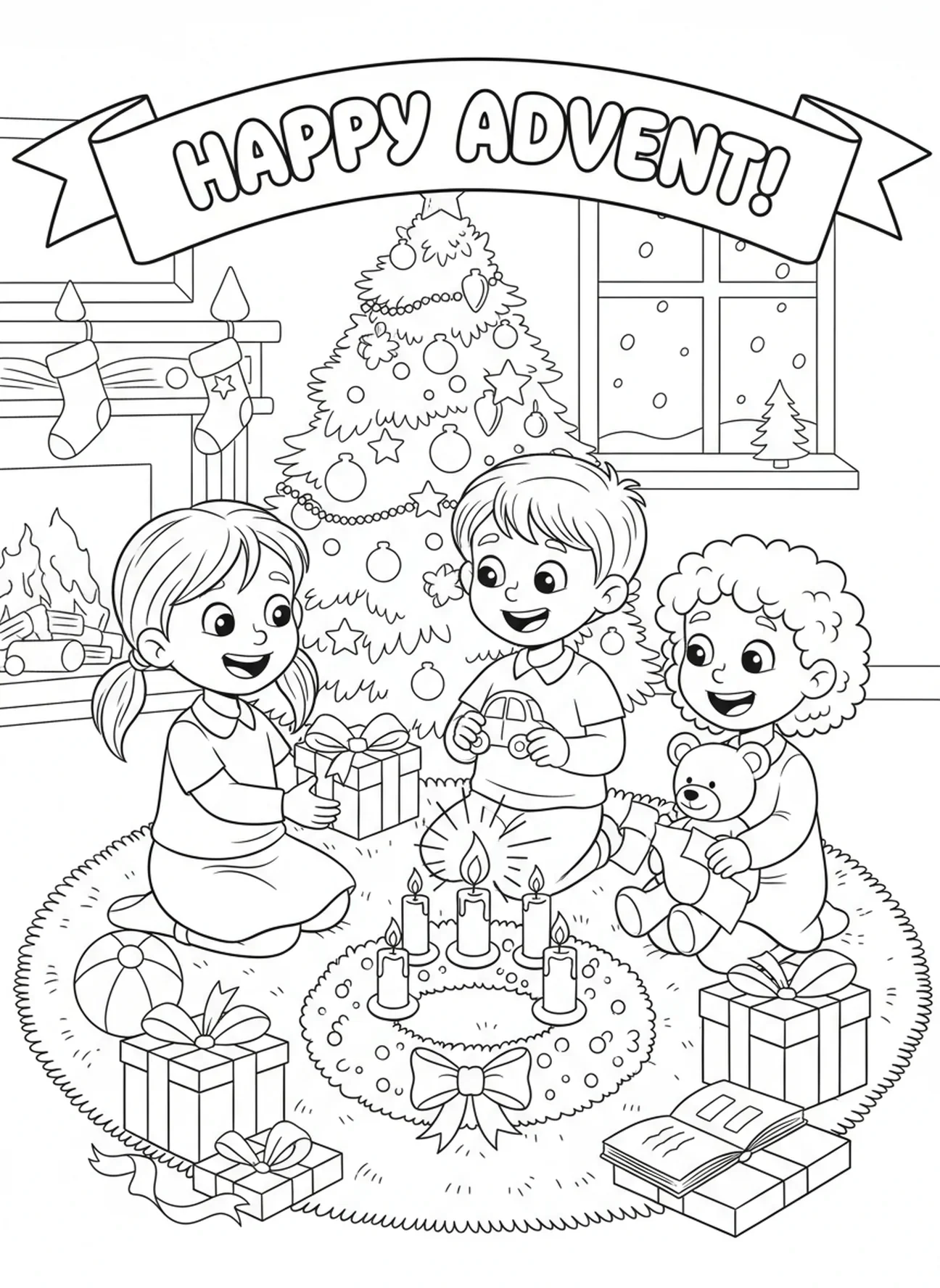 Enfants partageant des cadeaux, page à colorier de la semaine 3 de l'Avent pour les enfants de 5 à 10 ans.