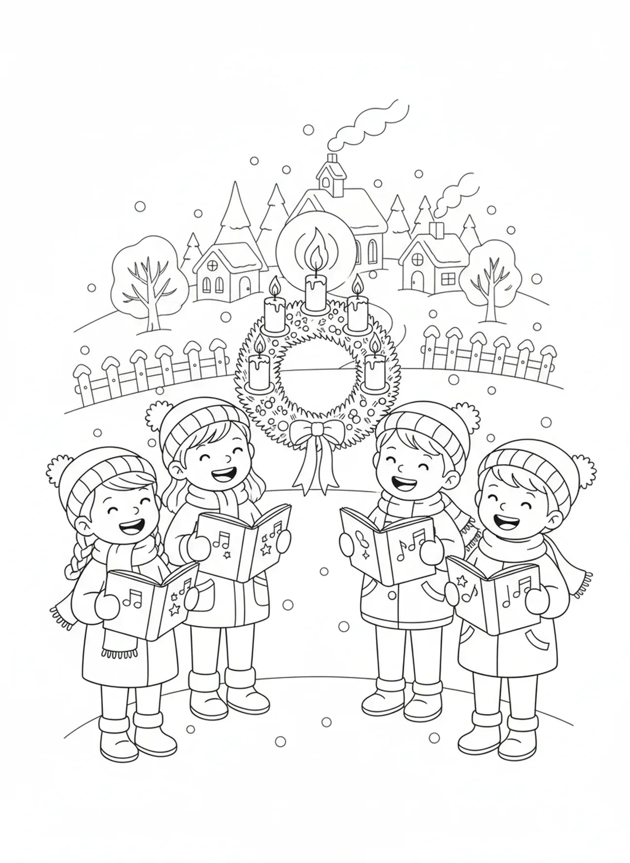 Enfants chantant des cantiques, page à colorier de la Semaine 3 de l'Avent pour les enfants de 5 à 10 ans.