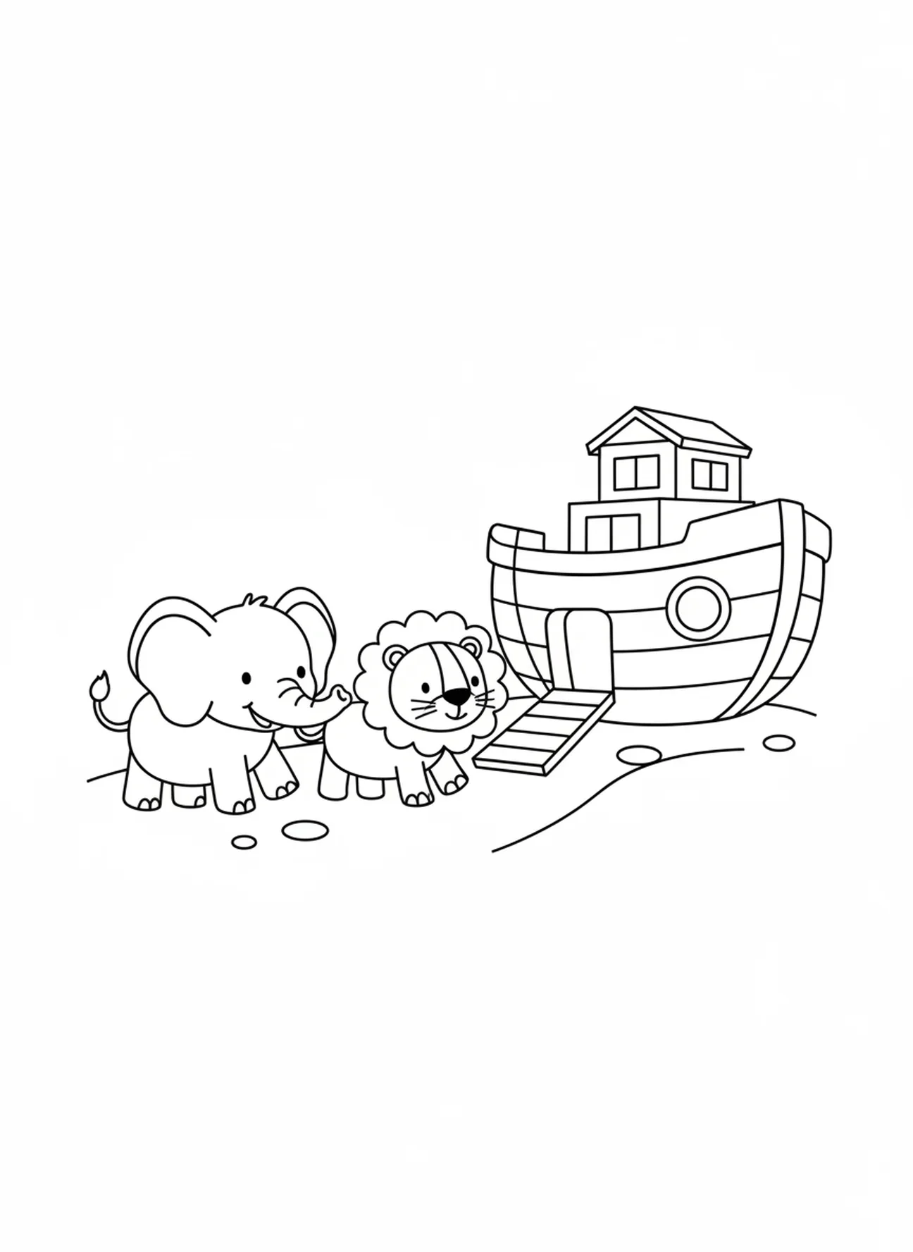Éléphant et lion marchant vers l'arche, page à colorier de la semaine 3 de l'Avent pour les enfants d'âge préscolaire de 3 à 5 ans.
