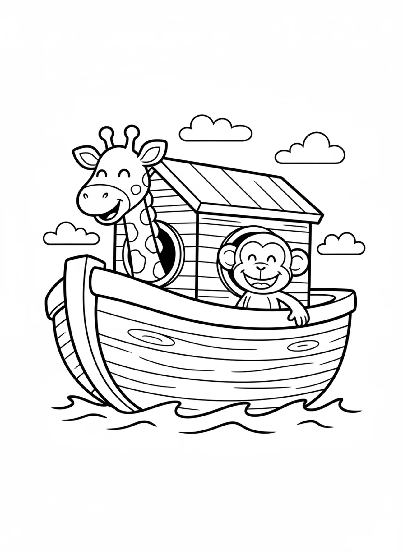 Girafe et singe regardant par les fenêtres de l'arche, page à colorier de la Semaine 3 de l'Avent pour les enfants d'âge préscolaire de 3 à 5 ans.