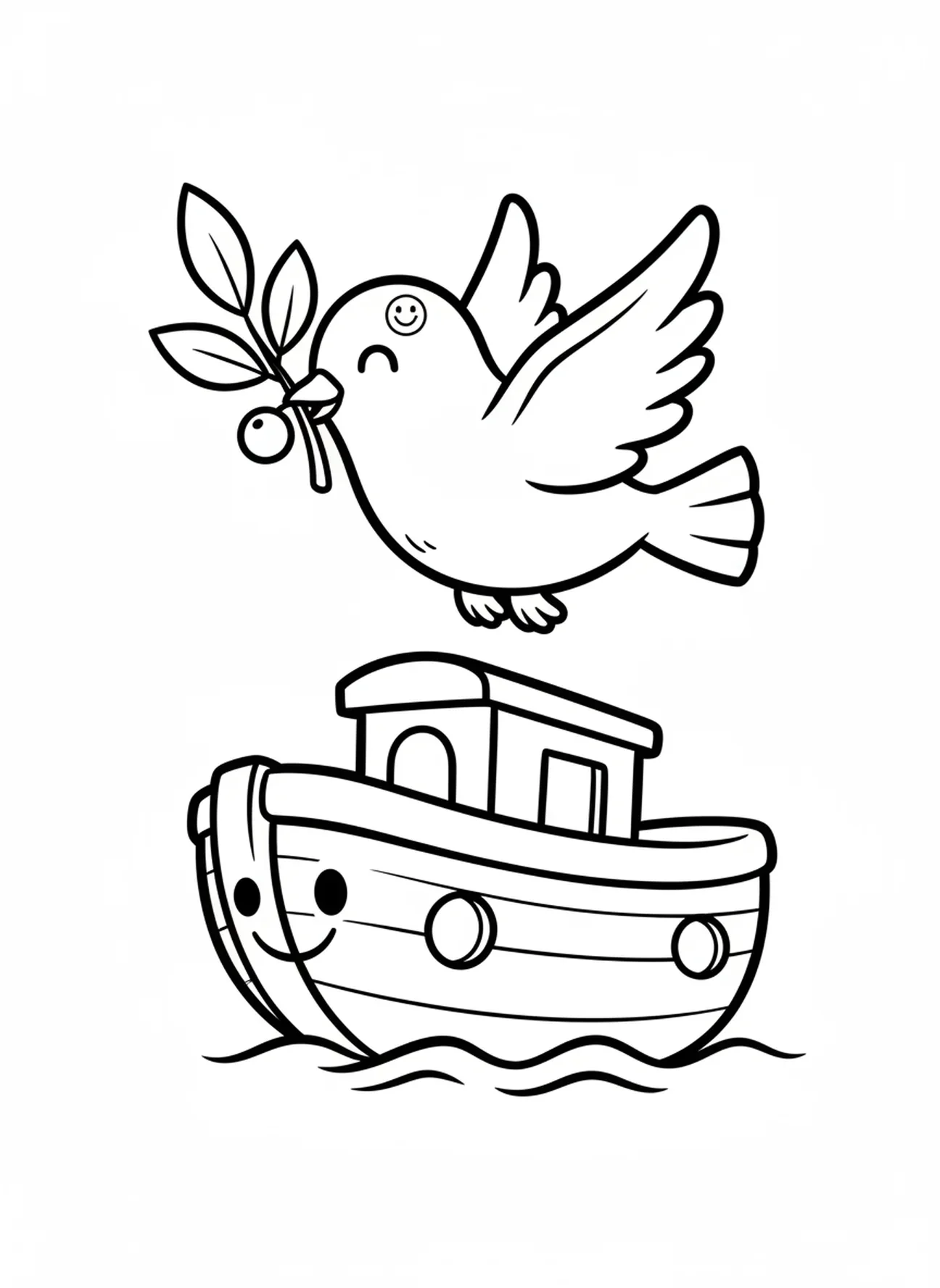 Colombe portant une branche d'olivier au-dessus de l'arche, page à colorier de la Semaine 3 de l'Avent pour les préscolaires de 3 à 5 ans.