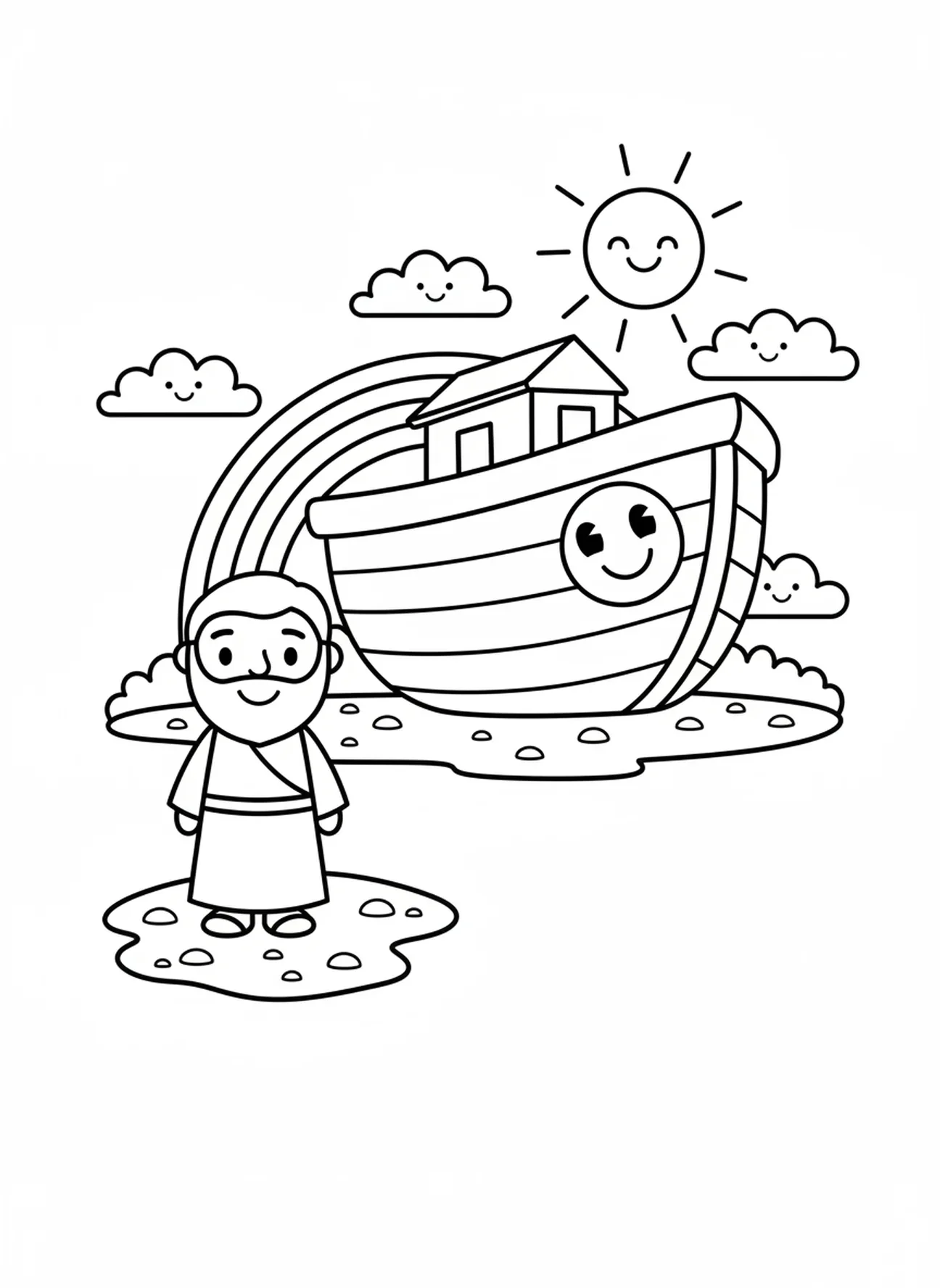 Noé souriant debout sur la terre avec l'arche, page à colorier de la Semaine 3 de l'Avent pour les enfants d'âge préscolaire de 3 à 5 ans.