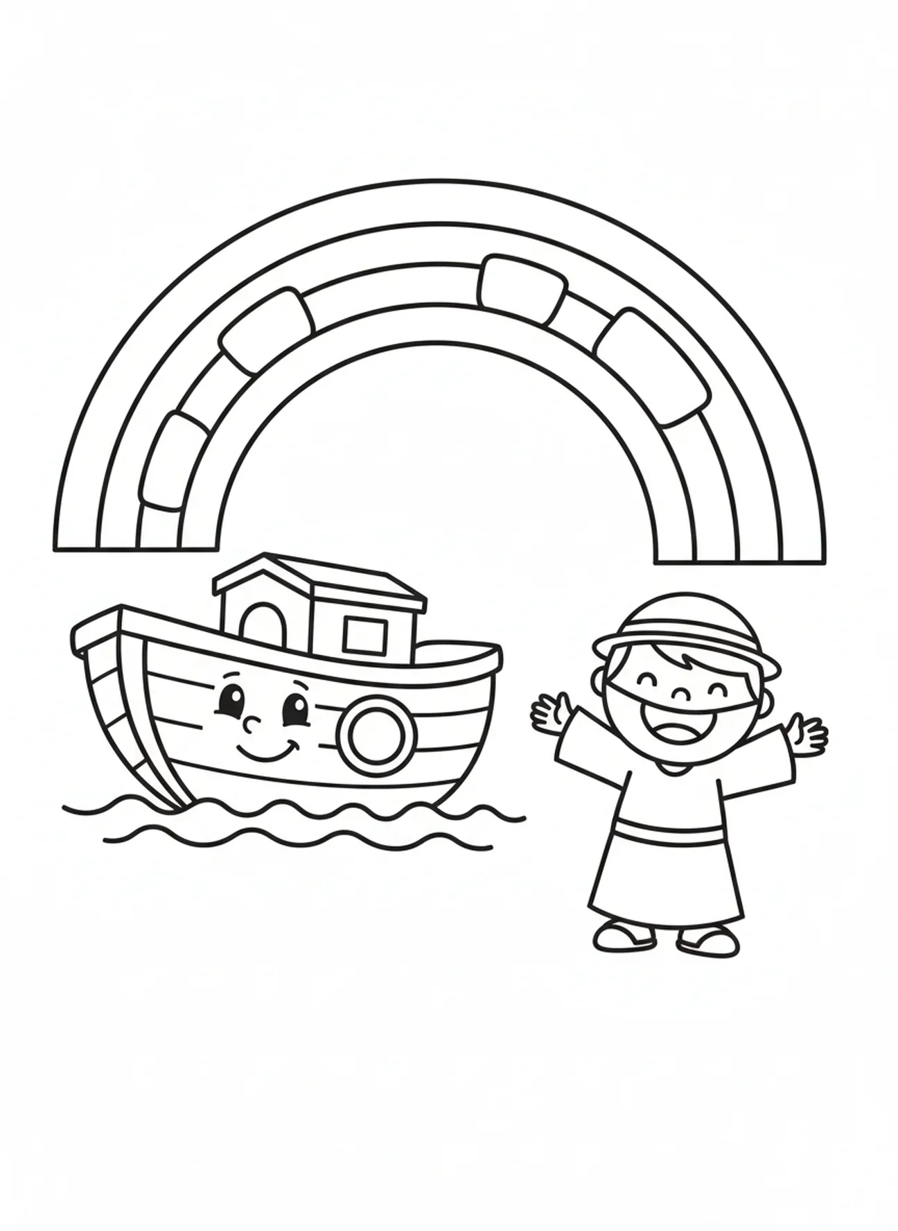 Arc-en-ciel au-dessus de l'arche avec Noé souriant, page à colorier de la Semaine 3 de la Bougie de l'Avent pour les enfants d'âge préscolaire de 3 à 5 ans.