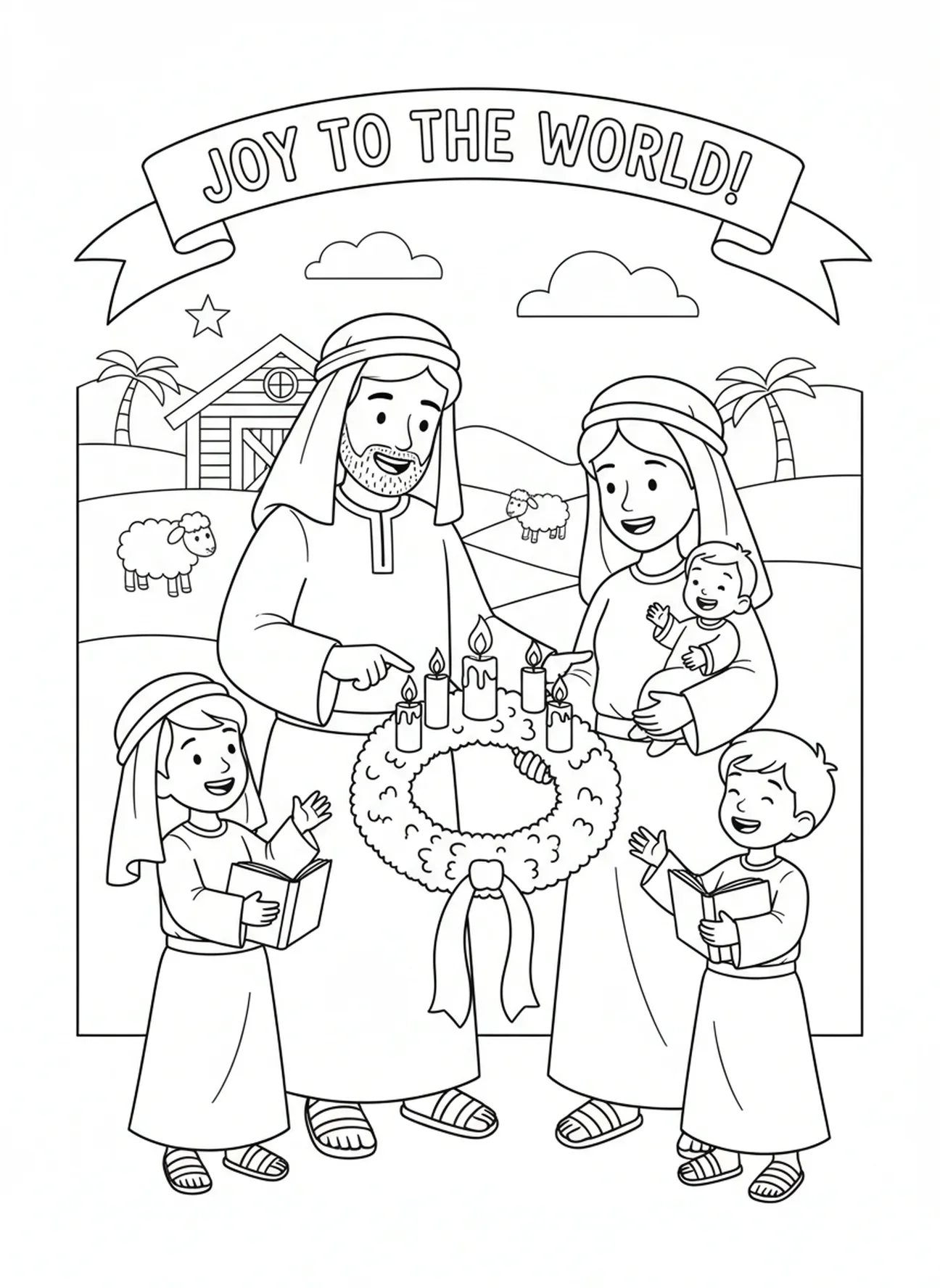 Familia reunida alrededor de la corona de Adviento, página para colorear de la Semana 3 de las Velas de Adviento para niños de la Escuela Dominical de 5 a 12 años.