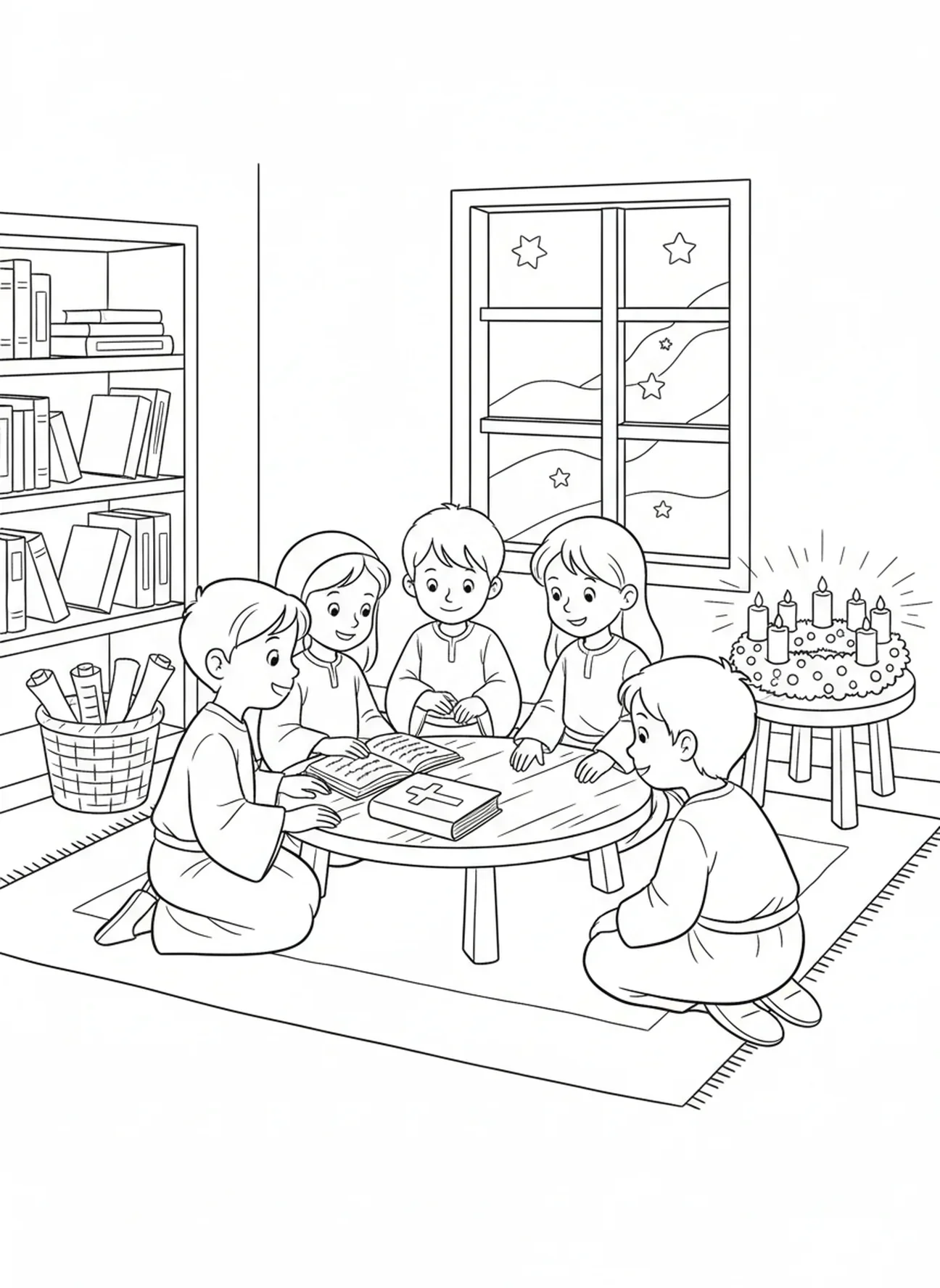 Niños leyendo la Biblia a la luz de las velas, página para colorear de la Semana 3 de las Velas de Adviento para niños de Escuela Dominical de 5 a 12 años.