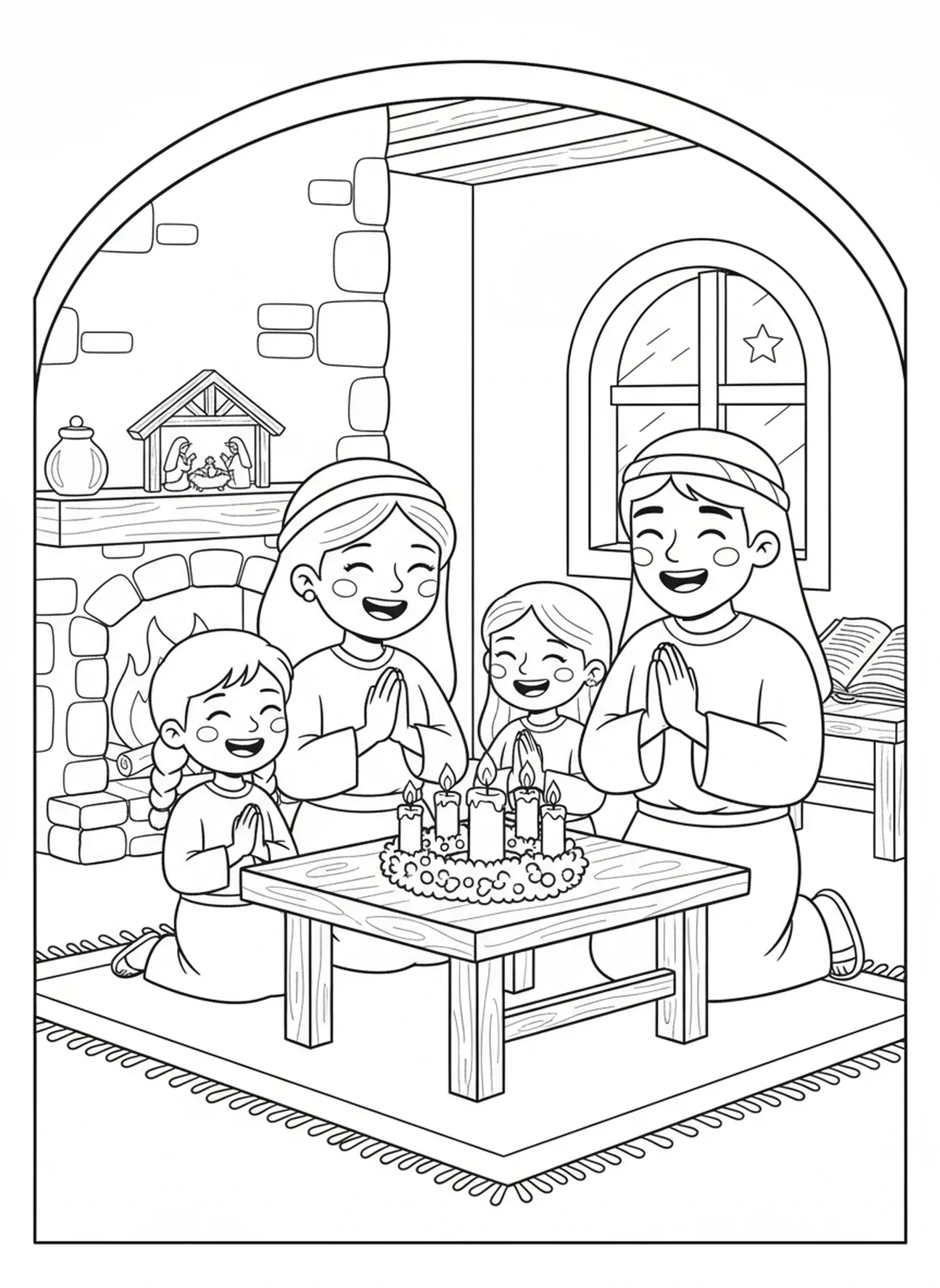 Familia orando ante las velas de Adviento, página para colorear de la Semana 3 de las Velas de Adviento para niños de Escuela Dominical de 5 a 12 años.