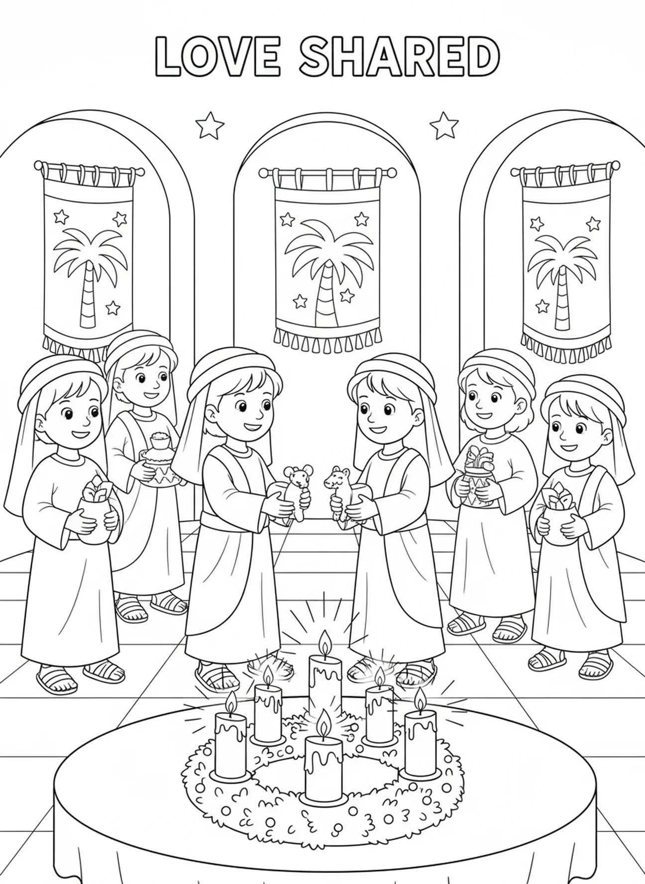 Niños intercambiando regalos durante el Adviento, página para colorear de la Semana 3 de la vela de Adviento para niños de la Escuela Dominical de 5 a 12 años.