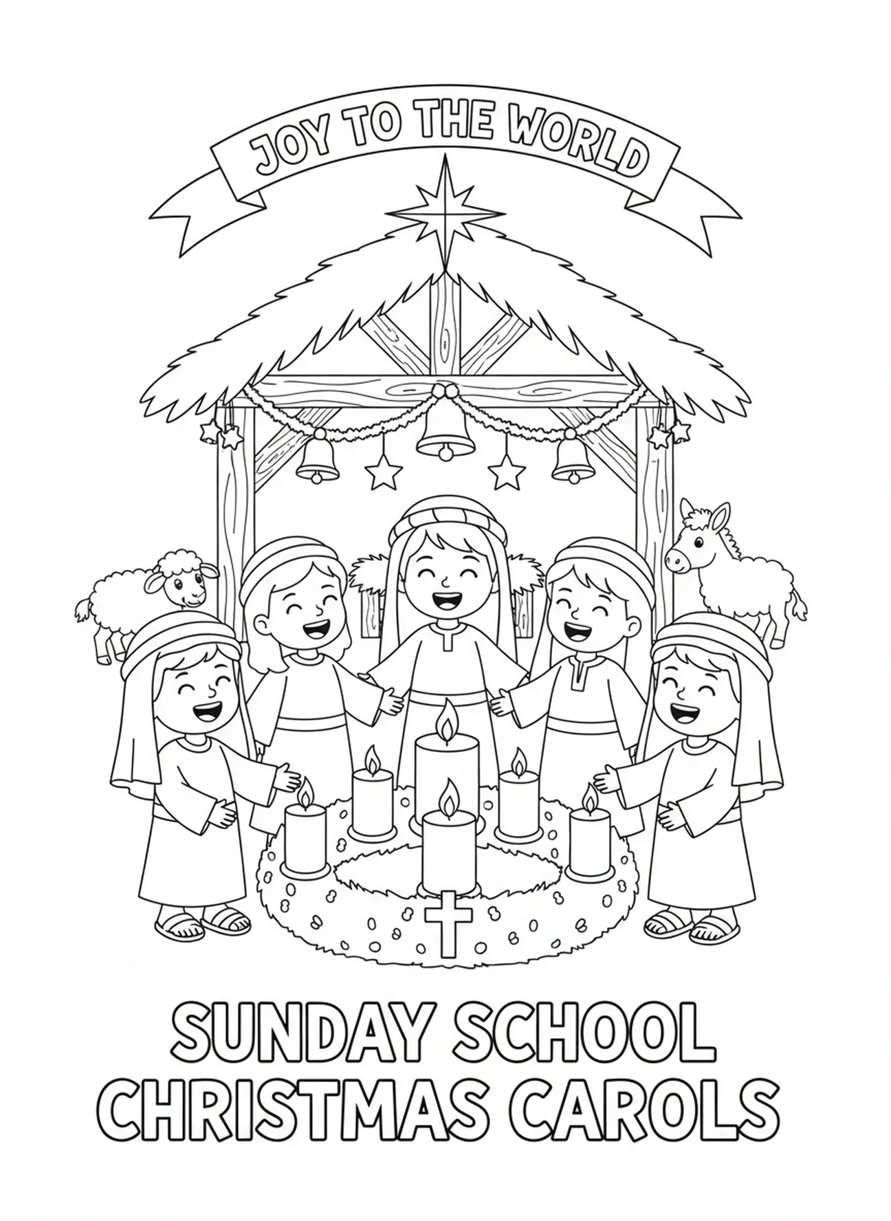 Niños cantando villancicos alrededor de las velas de Adviento, página para colorear de la Semana 3 de las Velas de Adviento para niños de la Escuela Dominical de 5 a 12 años.