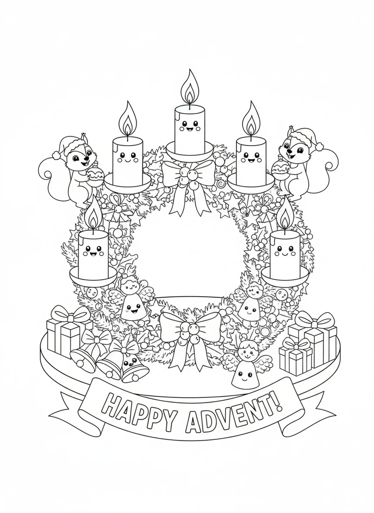 Couronne de l'Avent magnifiquement décorée avec des bougies allumées, page à colorier de la Semaine 4 de la Bougie de l'Avent pour les enfants de 5 à 10 ans.