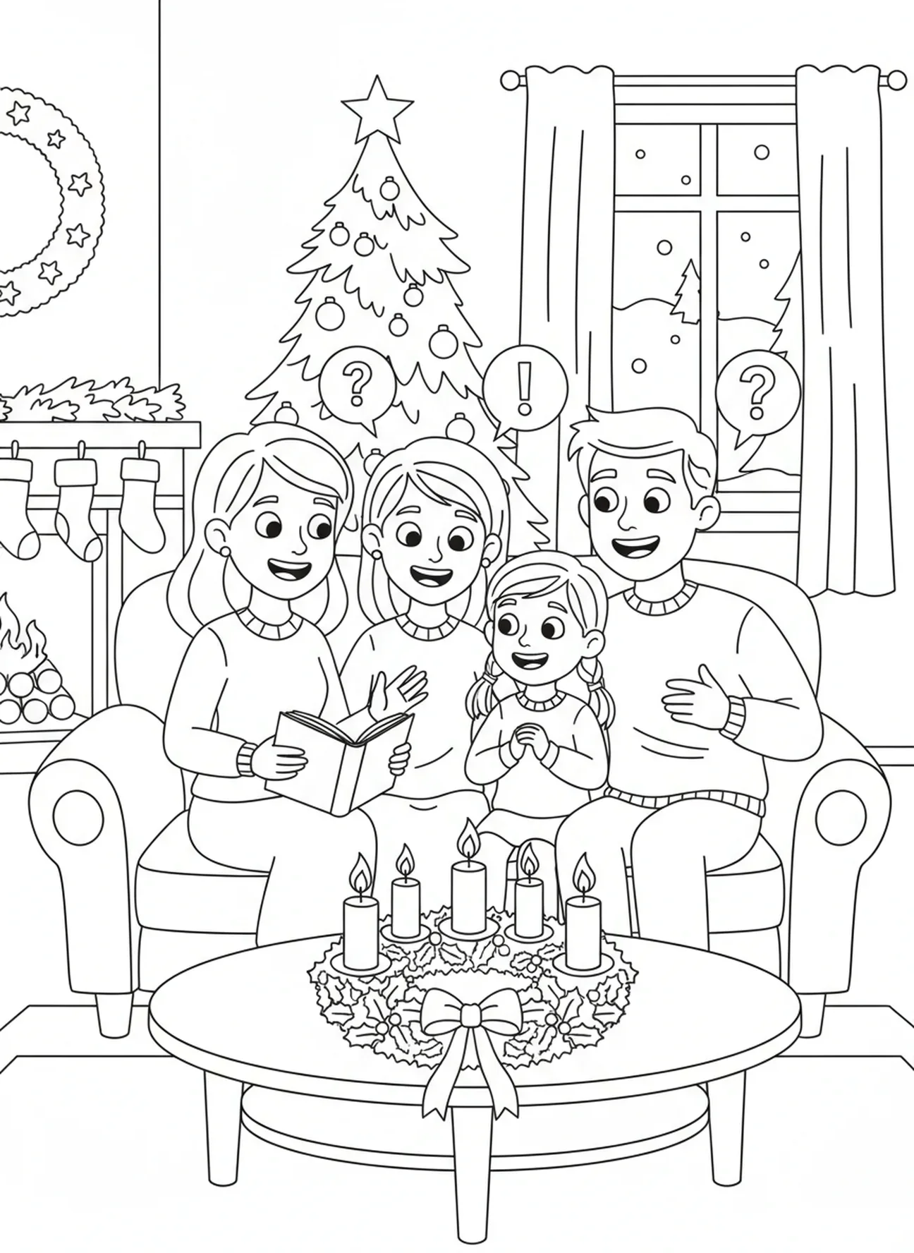 Famille heureuse réunie autour de la couronne de l'Avent, page à colorier de la Semaine 4 de la bougie de l'Avent pour les enfants de 5 à 10 ans.