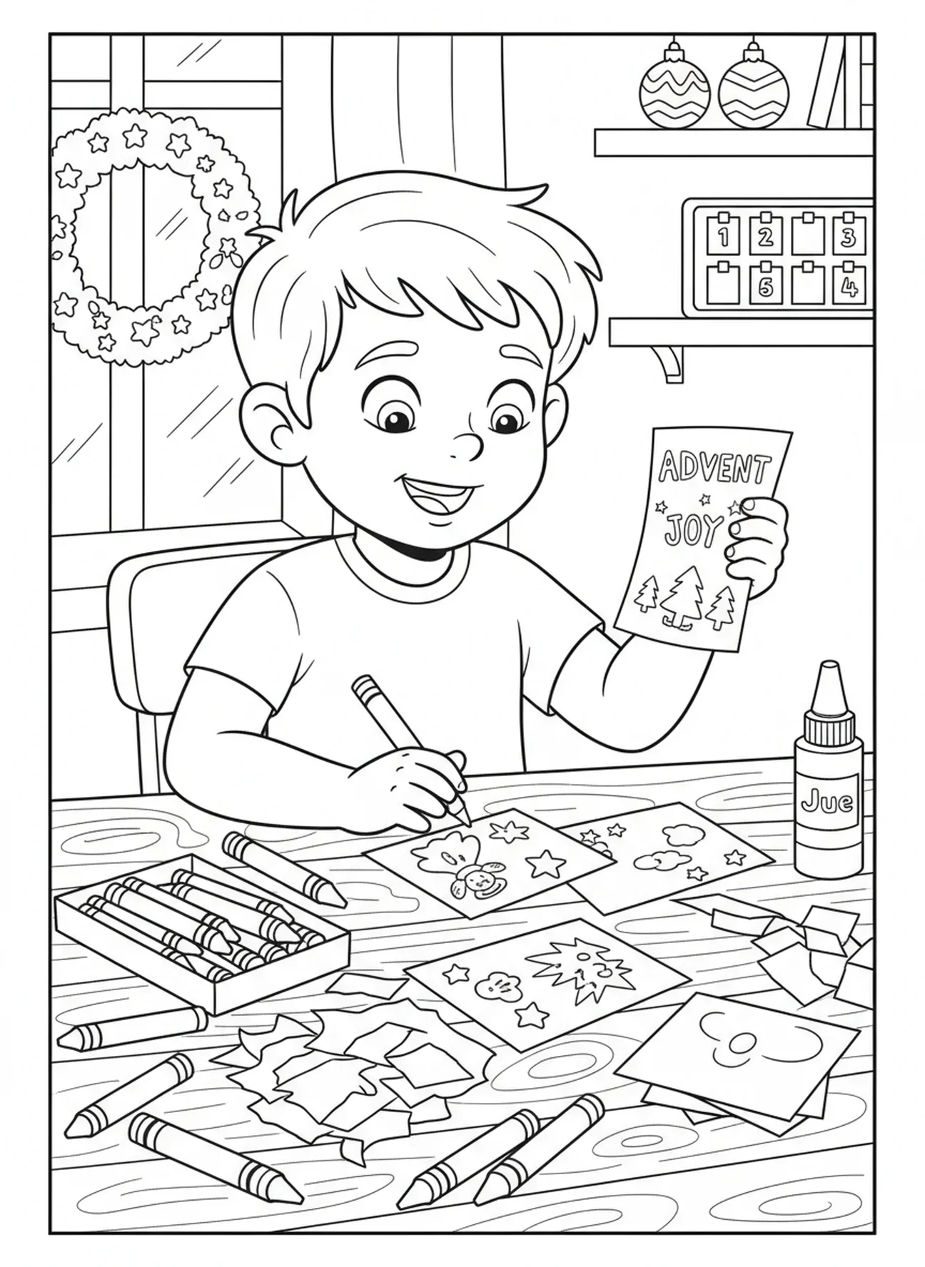 Enfant fabriquant des cartes de l'Avent colorées à une table, page à colorier de la Semaine 4 de la Bougie de l'Avent pour les enfants de 5 à 10 ans.