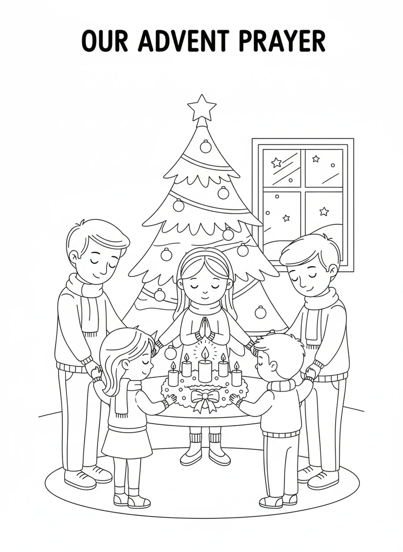 Famille se tenant la main en prière autour de la couronne de l'Avent, page à colorier de la Semaine 4 des bougies de l'Avent pour les enfants de 5 à 10 ans.