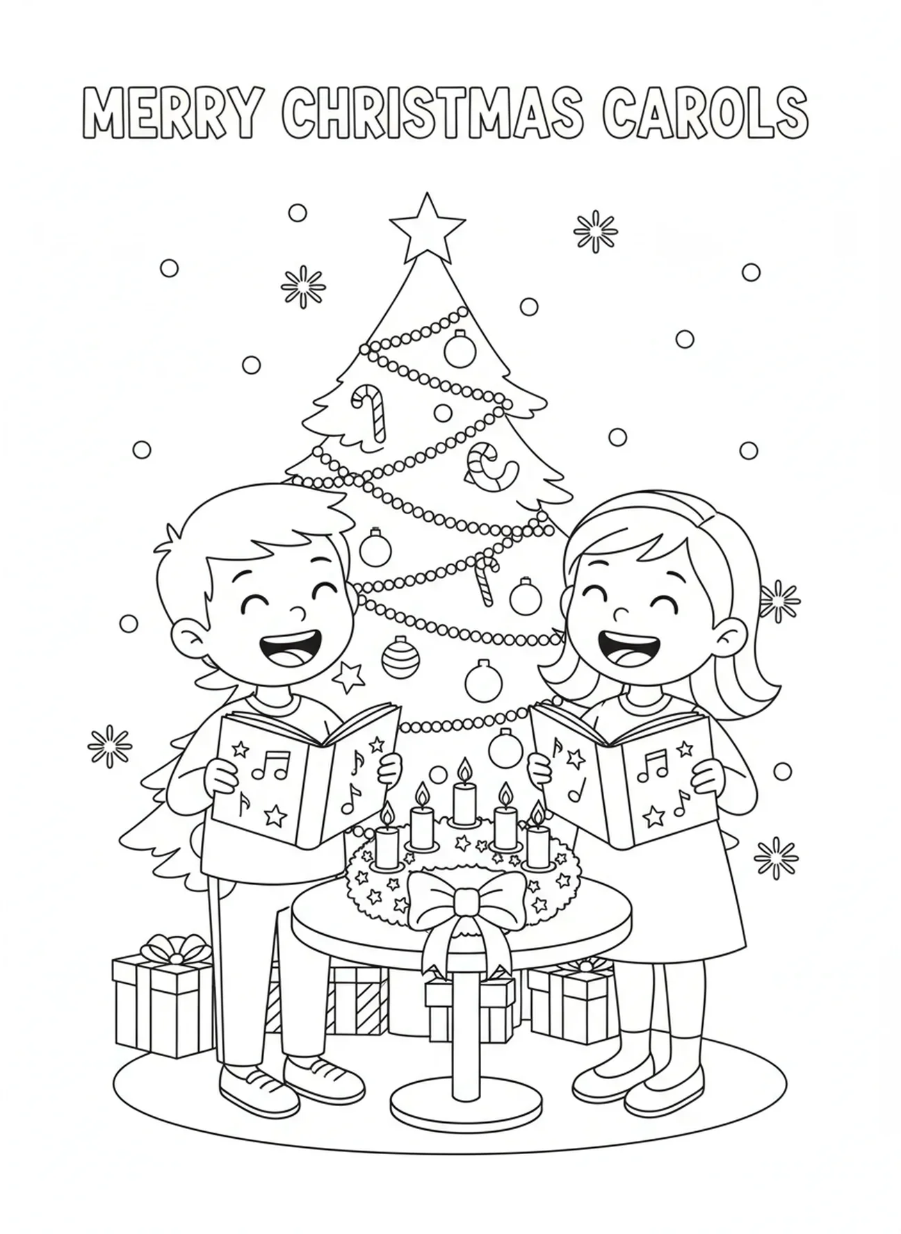 Deux enfants chantant des cantiques près de la couronne de l'Avent, page à colorier de la Semaine 4 des bougies de l'Avent pour les enfants de 5 à 10 ans.