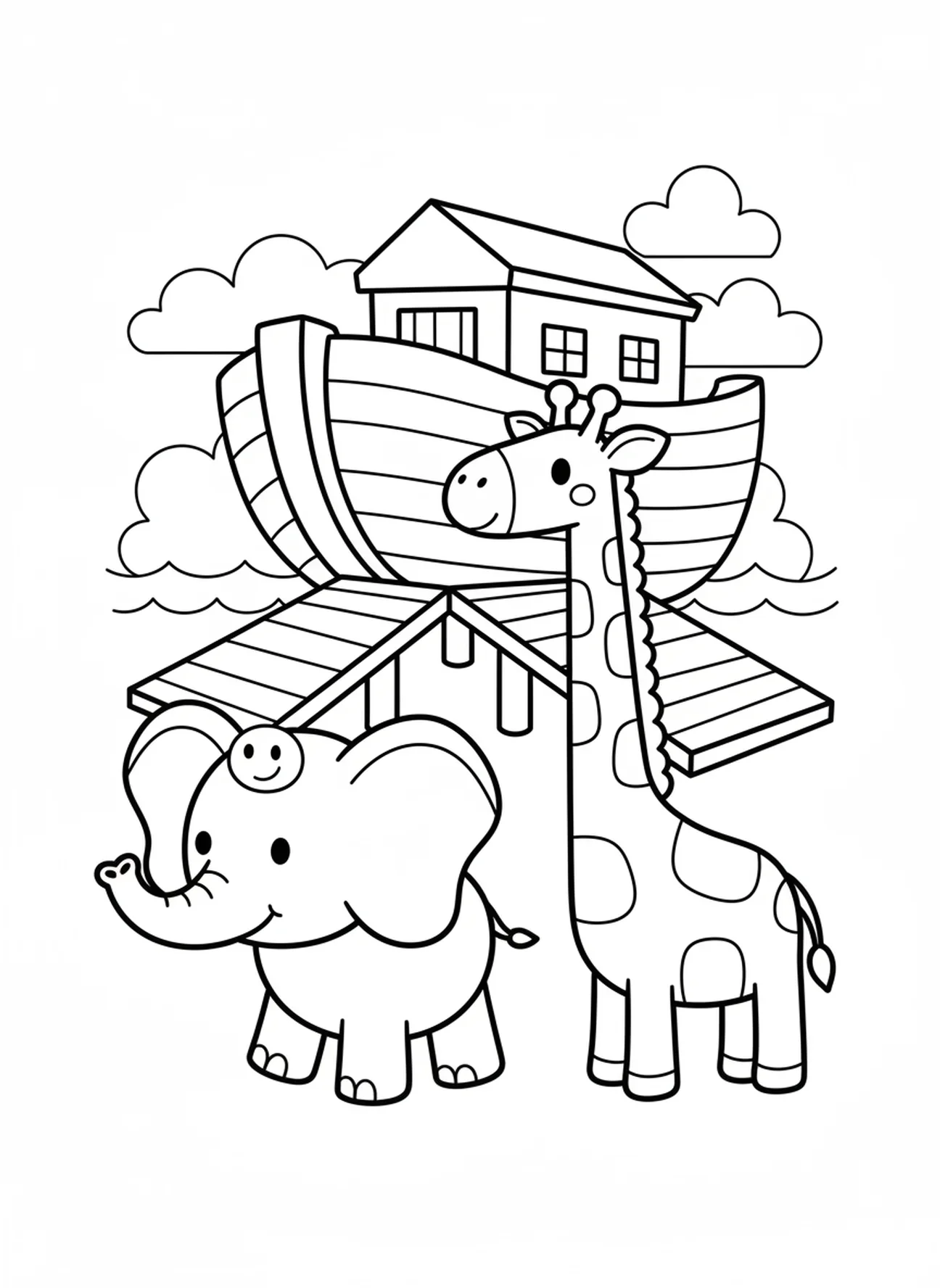 Éléphant et girafe, page à colorier de la Semaine 4 de l'Avent pour les enfants d'âge préscolaire de 3 à 5 ans