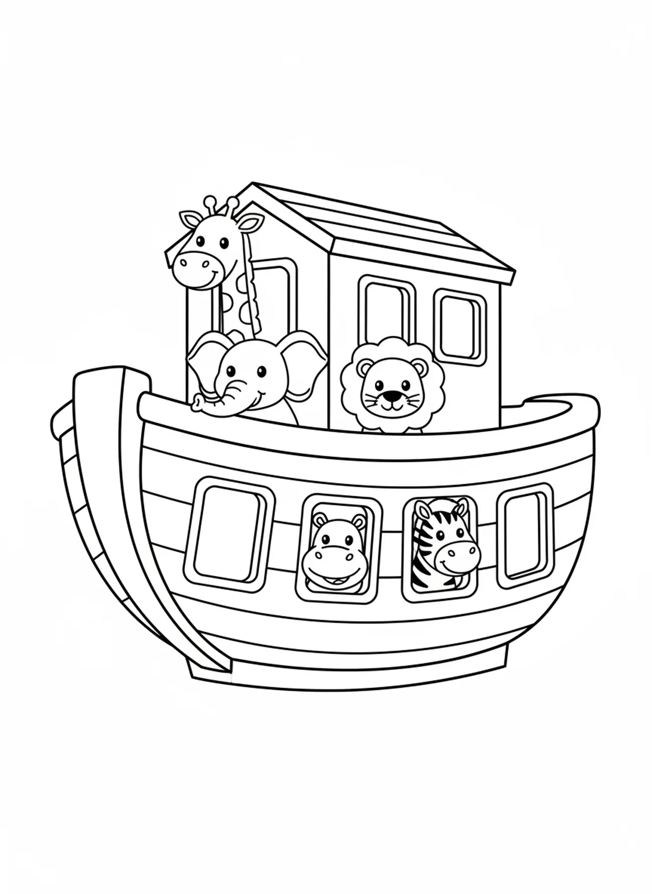 Animaux regardant par les fenêtres de l'arche, page à colorier de la Semaine 4 de l'Avent pour les enfants d'âge préscolaire de 3 à 5 ans