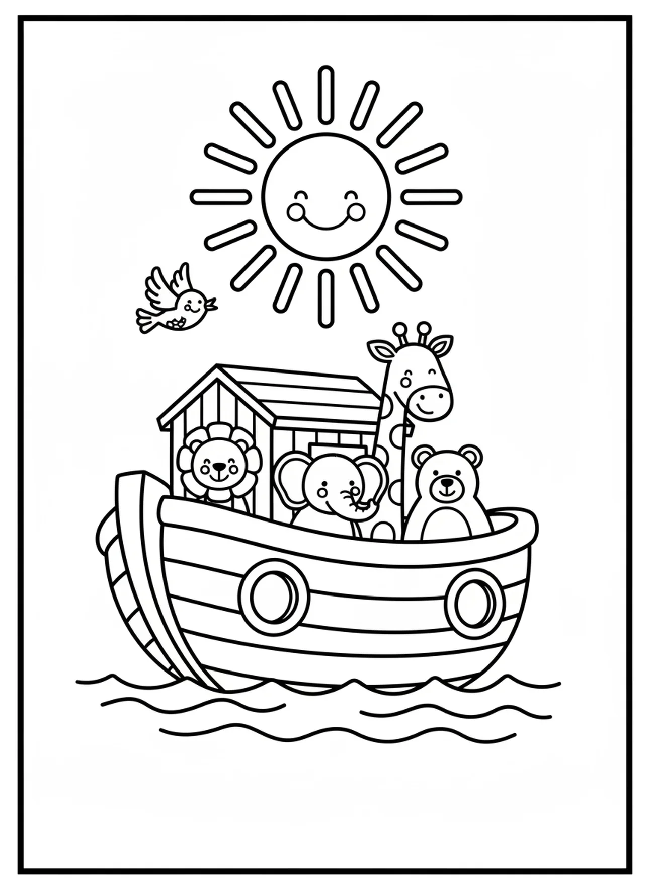 Arche en bois flottante, page à colorier de la 4ème semaine de l'Avent pour les enfants d'âge préscolaire de 3 à 5 ans