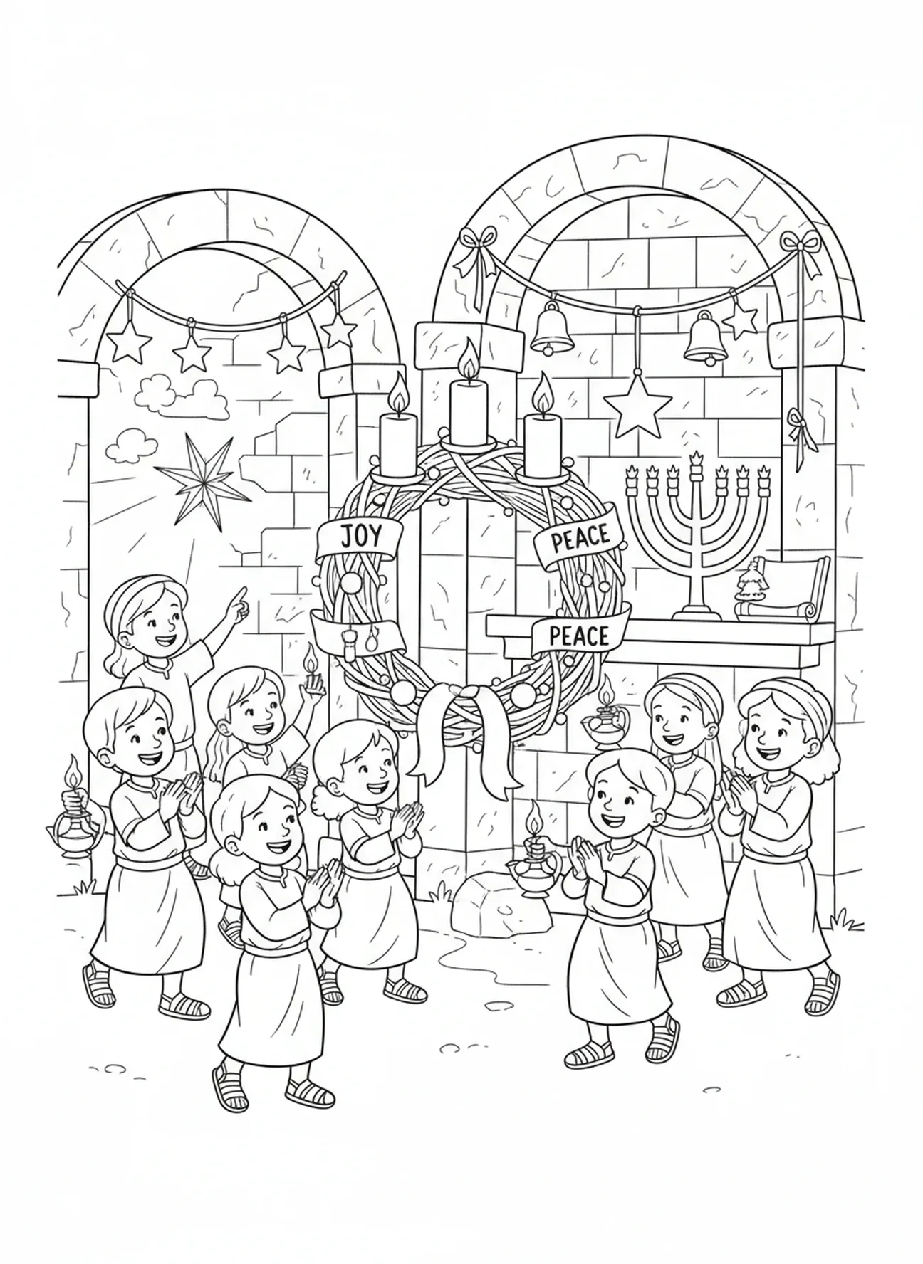 Niños celebrando el Adviento con decoraciones, página para colorear de la Semana 4 de la vela de Adviento para niños de Escuela Dominical de 5 a 12 años.