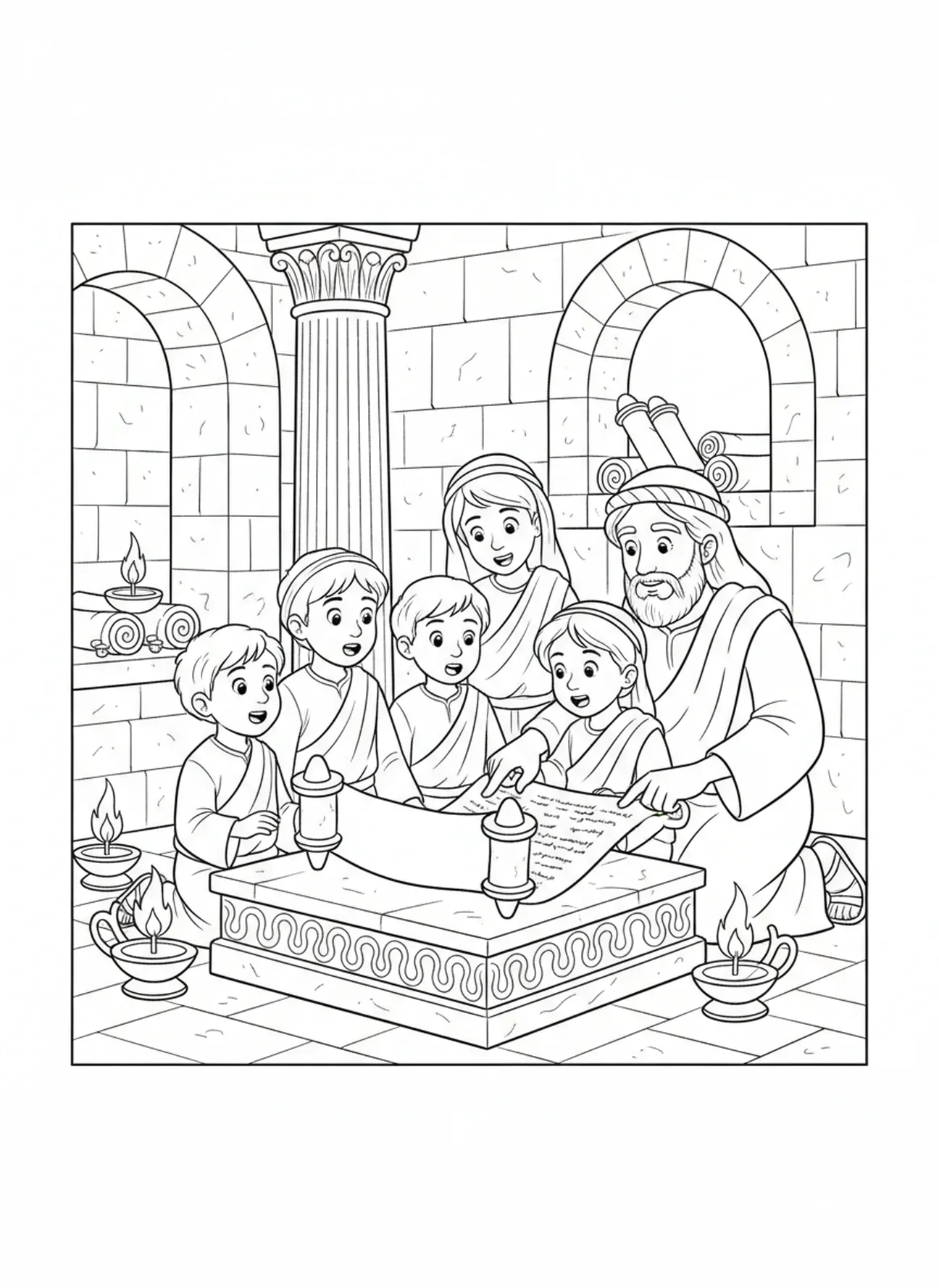 Niños leyendo un pergamino, página para colorear de la Semana 4 de la Corona de Adviento para niños de Escuela Dominical de 5 a 12 años.