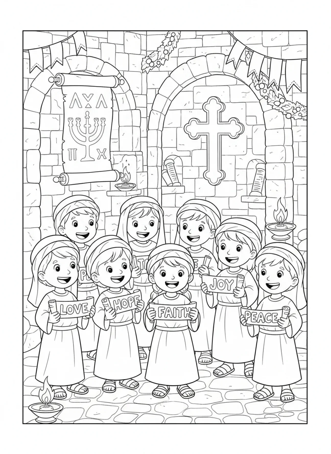 Niños compartiendo mensajes de esperanza, página para colorear de la Semana 4 de la Corona de Adviento para niños de Escuela Dominical de 5 a 12 años.