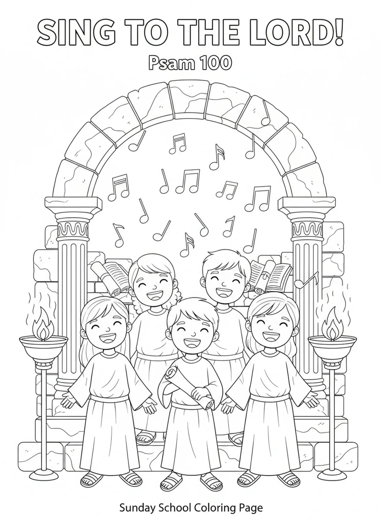 Niños cantando himnos, página para colorear de la Semana 4 de la Corona de Adviento para niños de Escuela Dominical de 5 a 12 años.