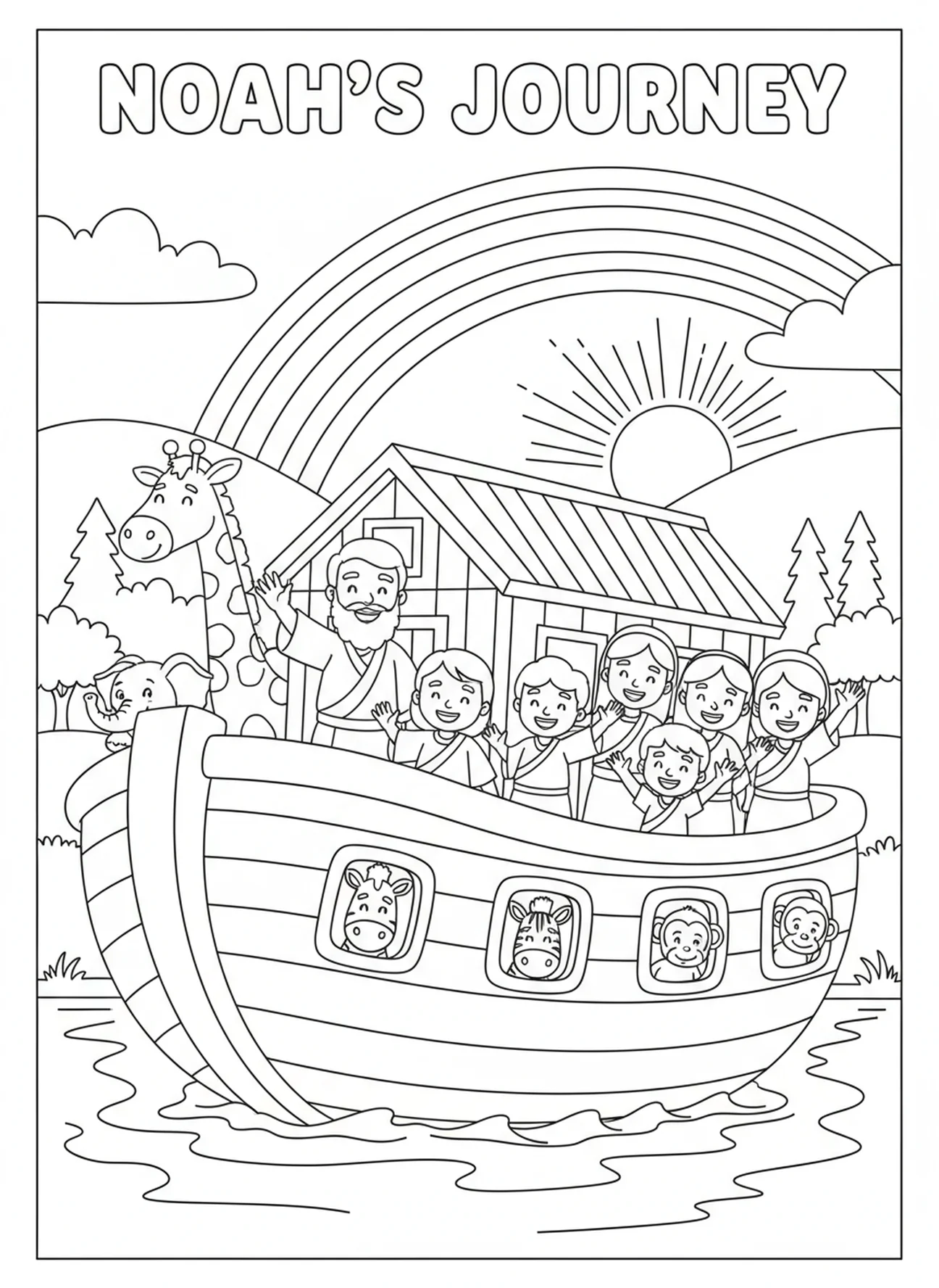 Noé et sa famille saluant, page à colorier de l'Avent Semaine de l'Espérance pour les enfants de 5 à 10 ans