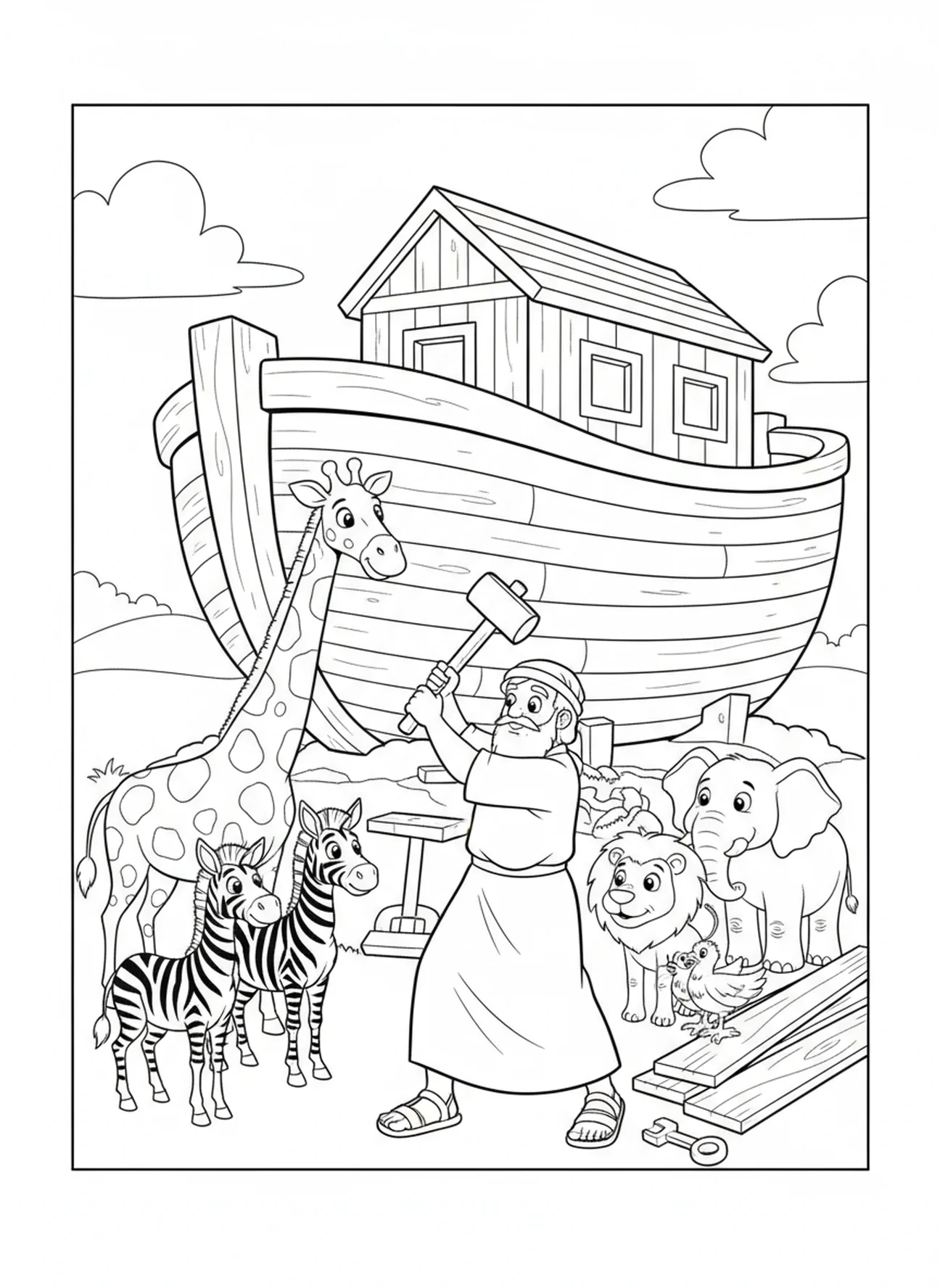 Noé construisant l'arche, page à colorier de la semaine de l'Avent Espoir pour les enfants de 5 à 10 ans