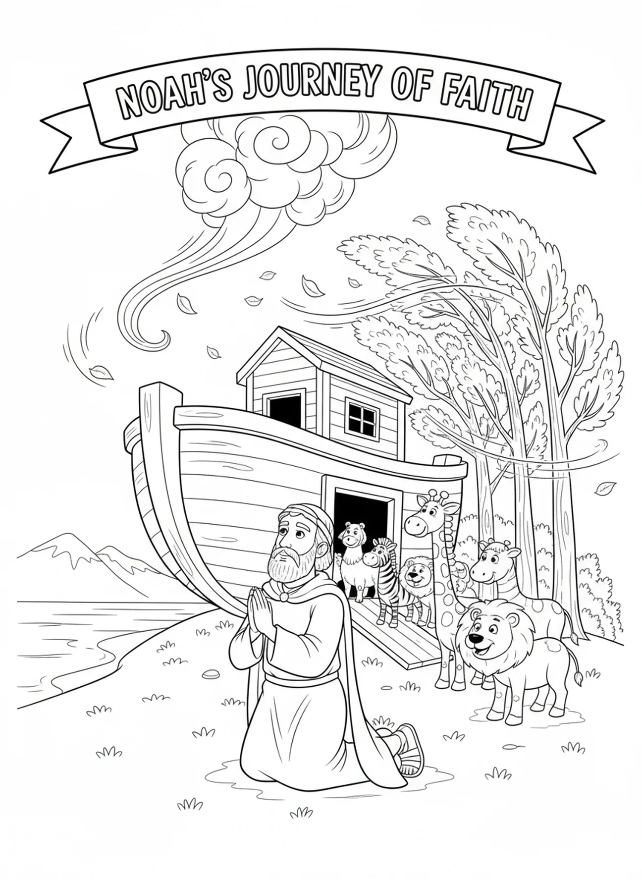 Noé en prière, page à colorier de l'Avent Semaine de l'Espoir pour les enfants de 5 à 10 ans