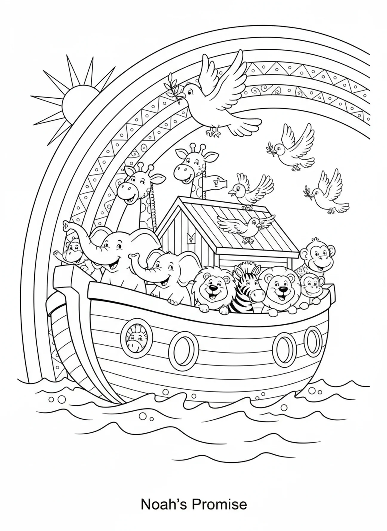 Arc-en-ciel au-dessus de l'arche, page à colorier de l'Avent Semaine de l'Espérance pour les enfants de 5 à 10 ans