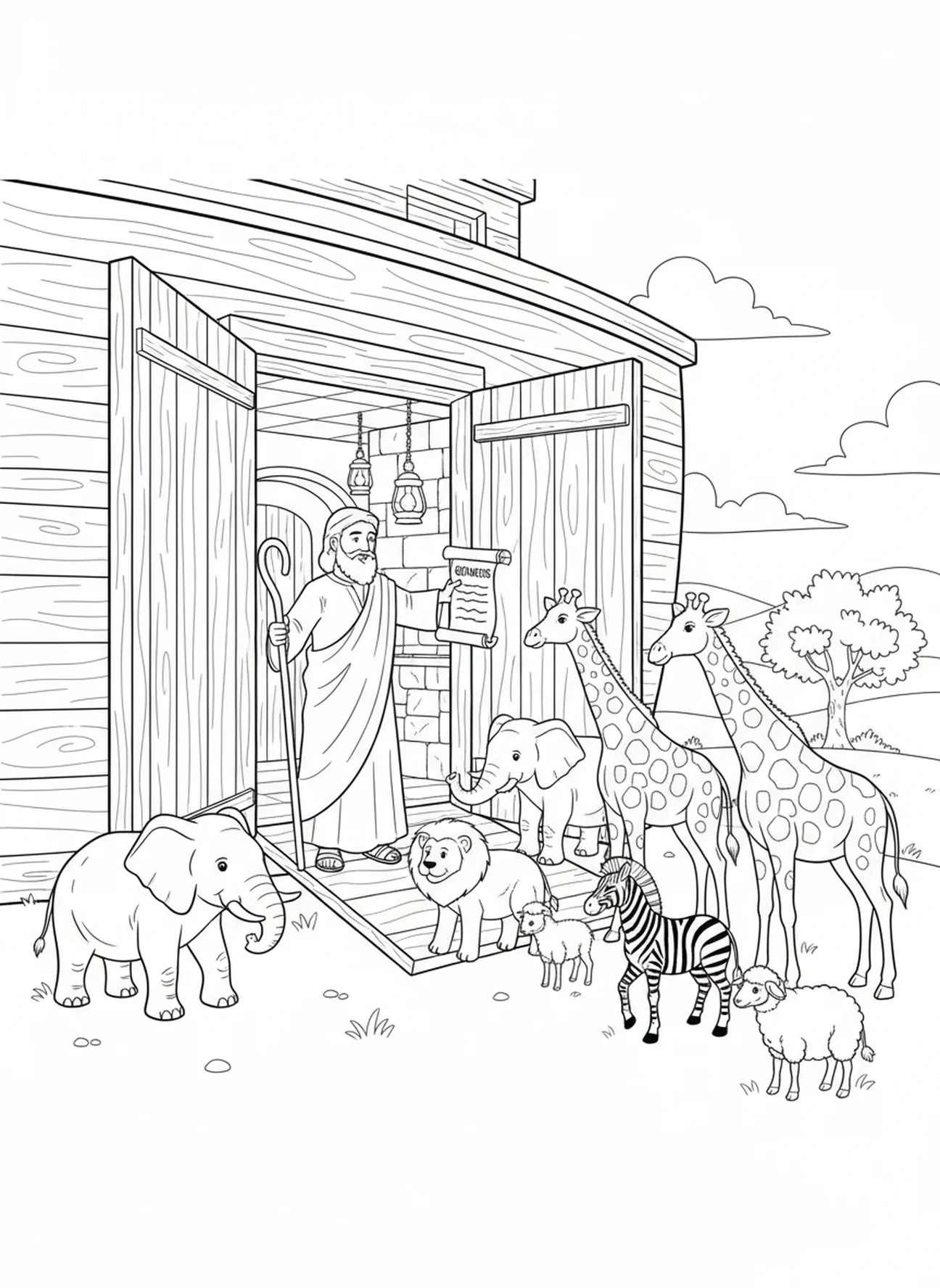 Noé appelant les animaux, page à colorier de la semaine de l'Avent Espérance pour les enfants de l'École du dimanche âgés de 5 à 12 ans.