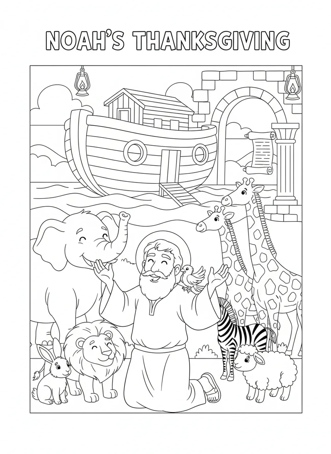 Noé rendant grâce, page à colorier de la semaine de l'Avent Espérance pour les enfants de l'École du dimanche âgés de 5 à 12 ans.
