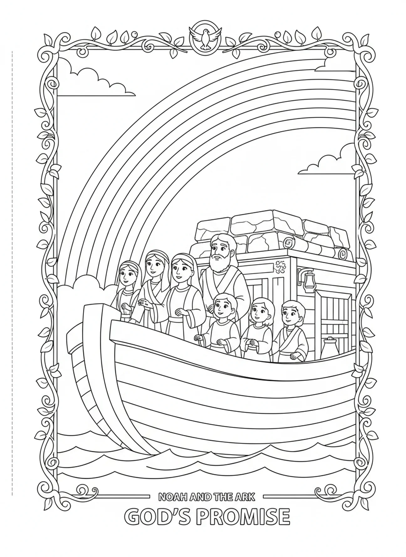Noé et sa famille avec un arc-en-ciel, page de coloriage de la semaine de l'Avent sur l'espoir pour les enfants de l'École du dimanche âgés de 5 à 12 ans.