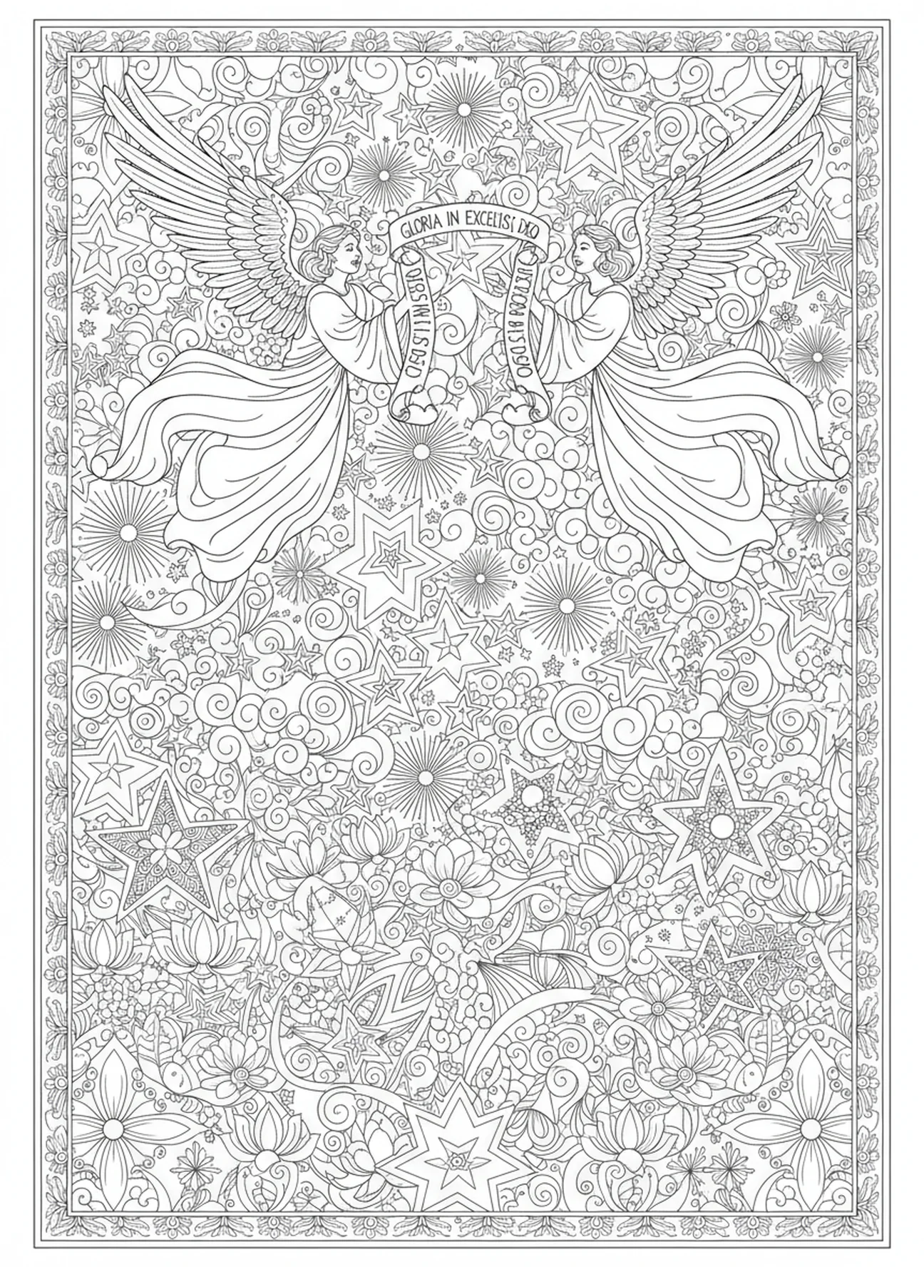Paire d'anges annonçant la joie, page à colorier de la semaine de l'Avent pour adultes dans le style du journal biblique.