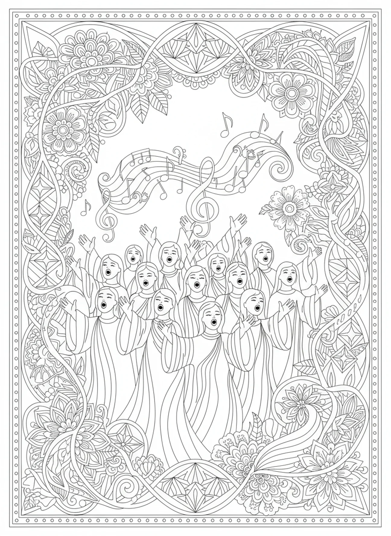 Congrégation chantant des hymnes, page à colorier de la joie de la semaine de l'Avent pour adultes dans un style de journal biblique.