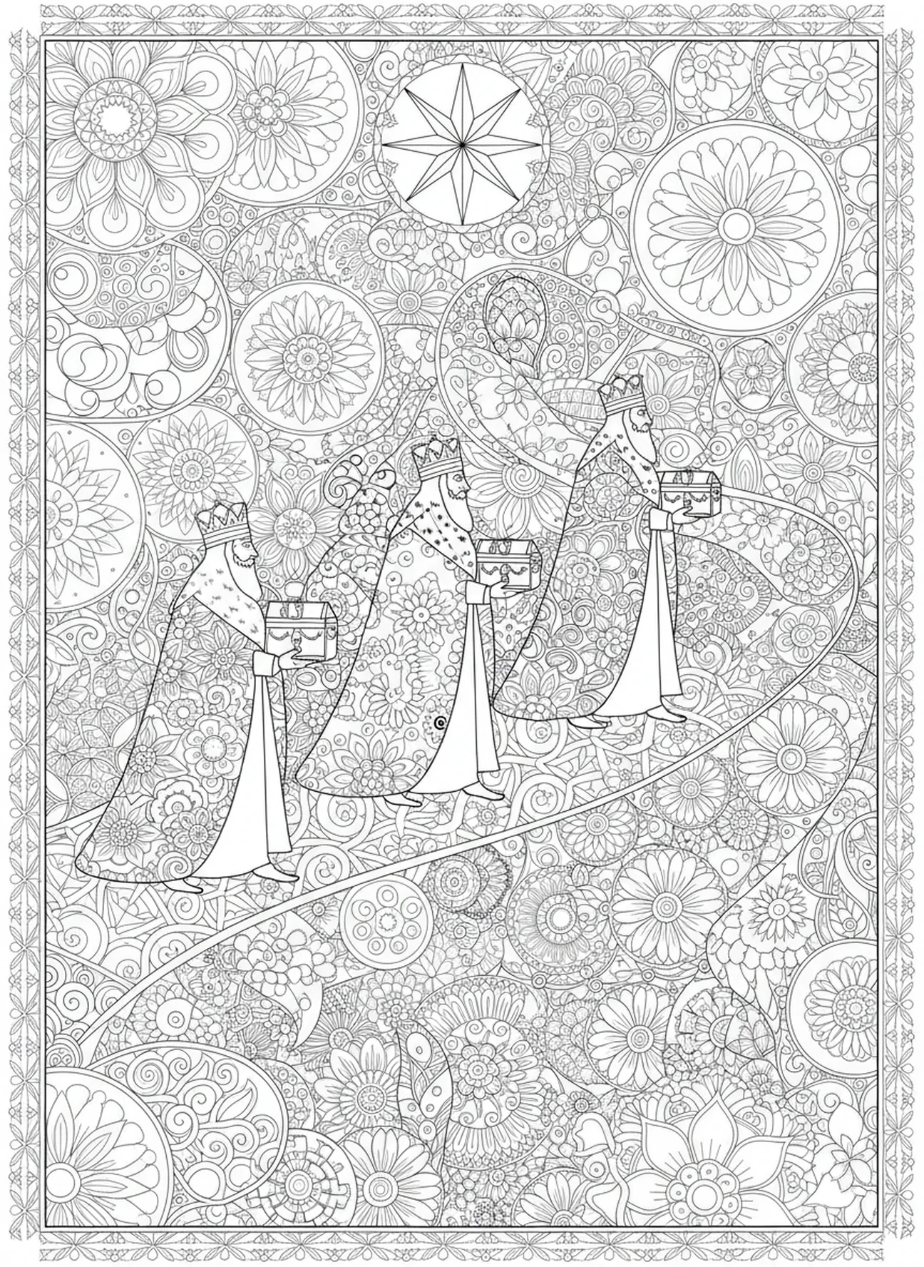 Trois sages Mages sur un chemin, page à colorier de la joie de la semaine de l'Avent pour adultes dans un style de journal biblique.