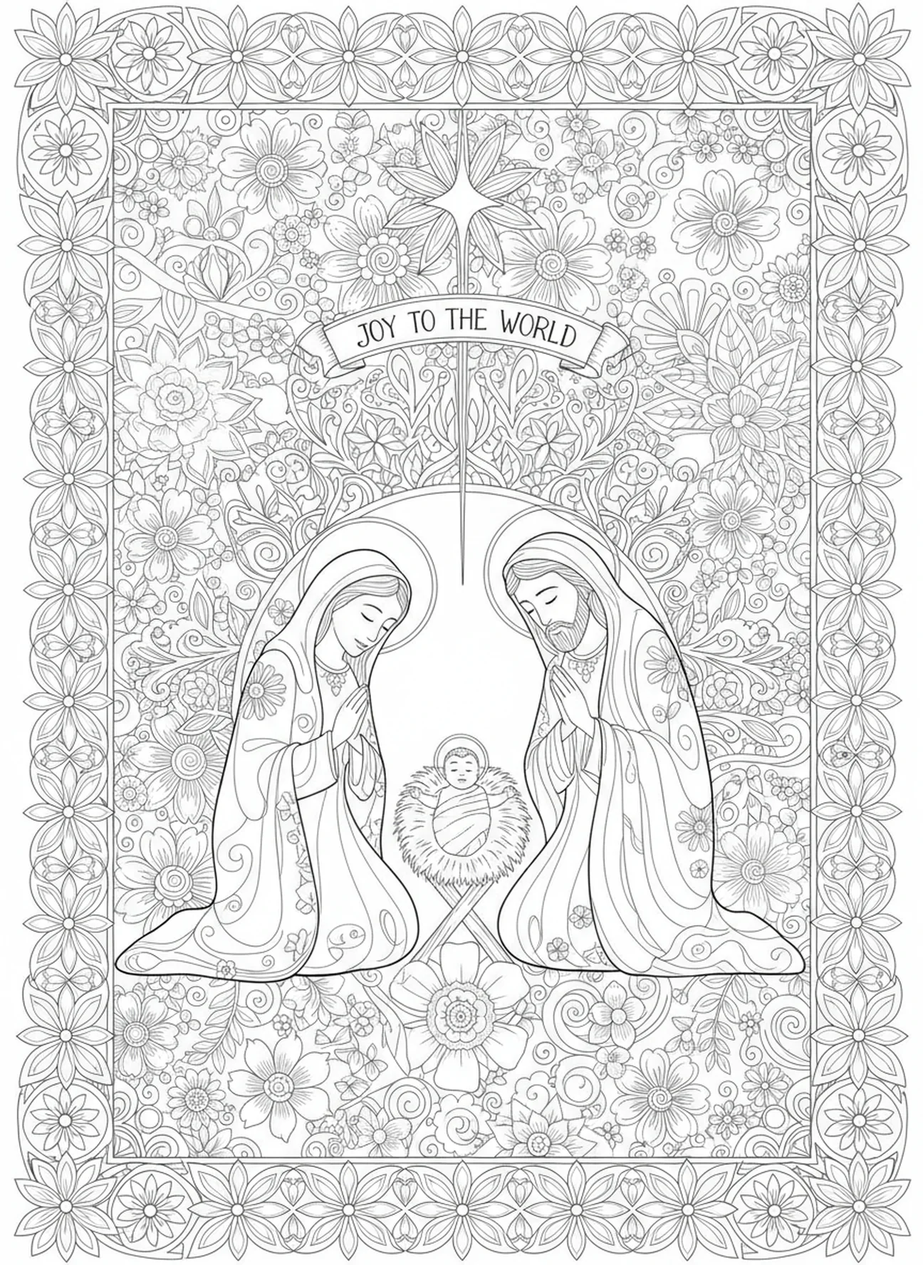 Marie, Joseph et le bébé Jésus dans la crèche, page à colorier de la joie de la semaine de l'Avent pour le journaling biblique.