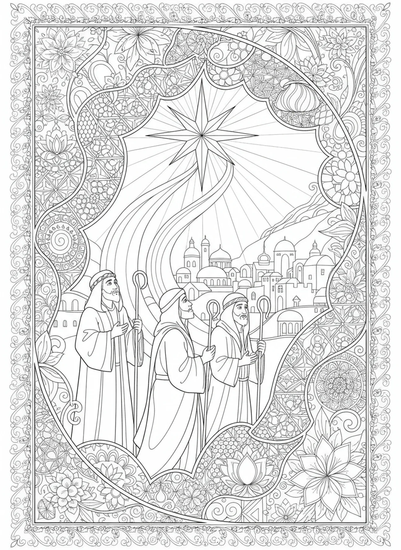 Bergers admirant l'étoile, page à colorier de la semaine de l'Avent sur la joie pour adultes dans un style de journal biblique.