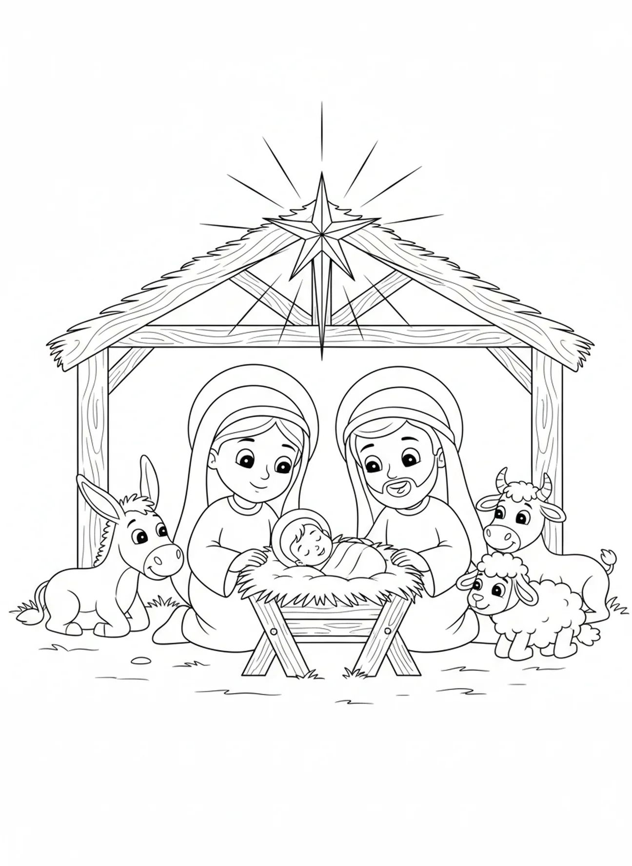 Scena narodzenia z Maryją i Józefem, kolorowanka na Adwentowy Tydzień Radości dla dzieci w wieku 5-10 lat