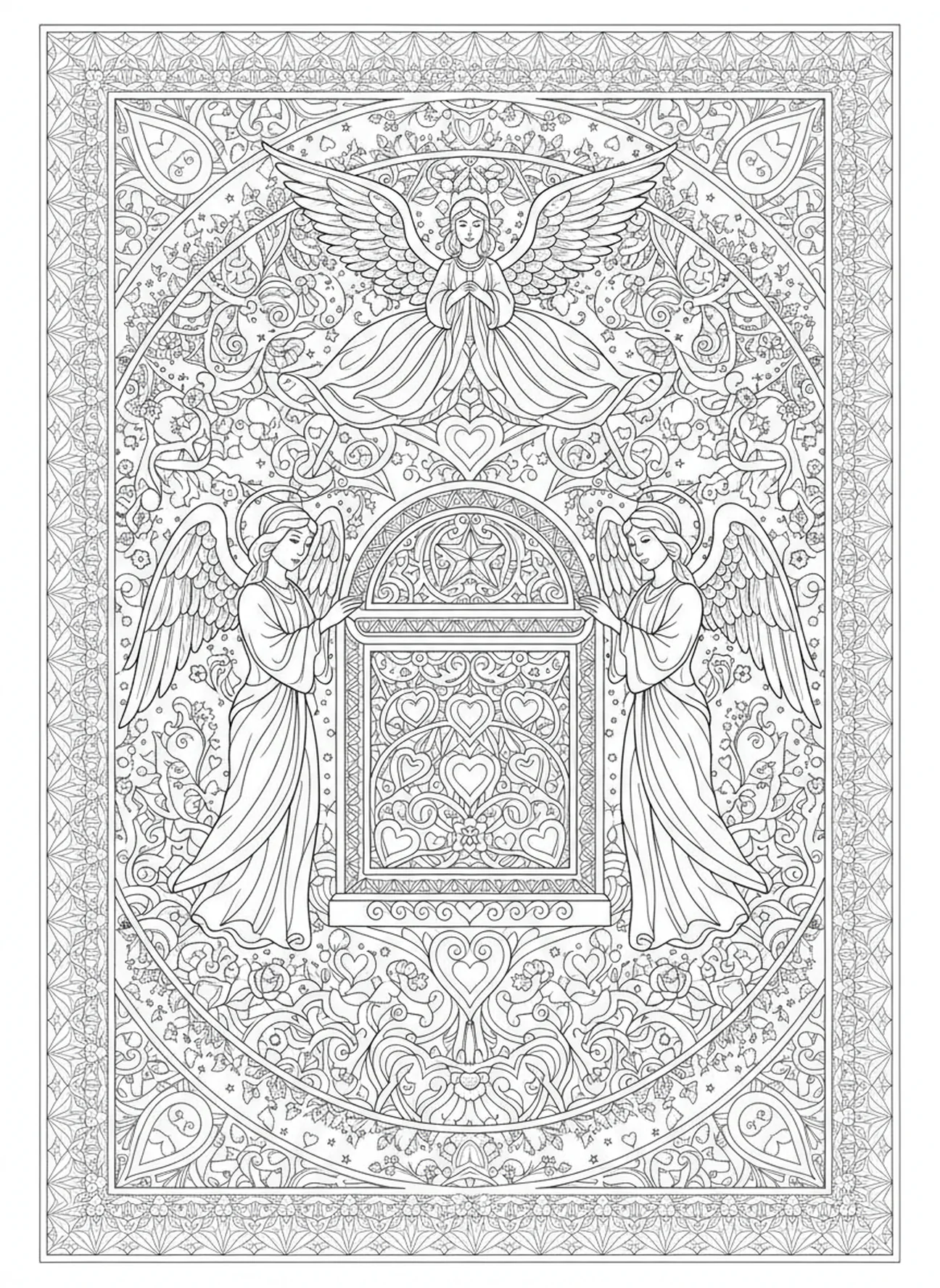 Engel umgeben die Arche anmutig, Adventswoche Liebe Ausmalbild für Erwachsene im Stil des Bibeljournaling.