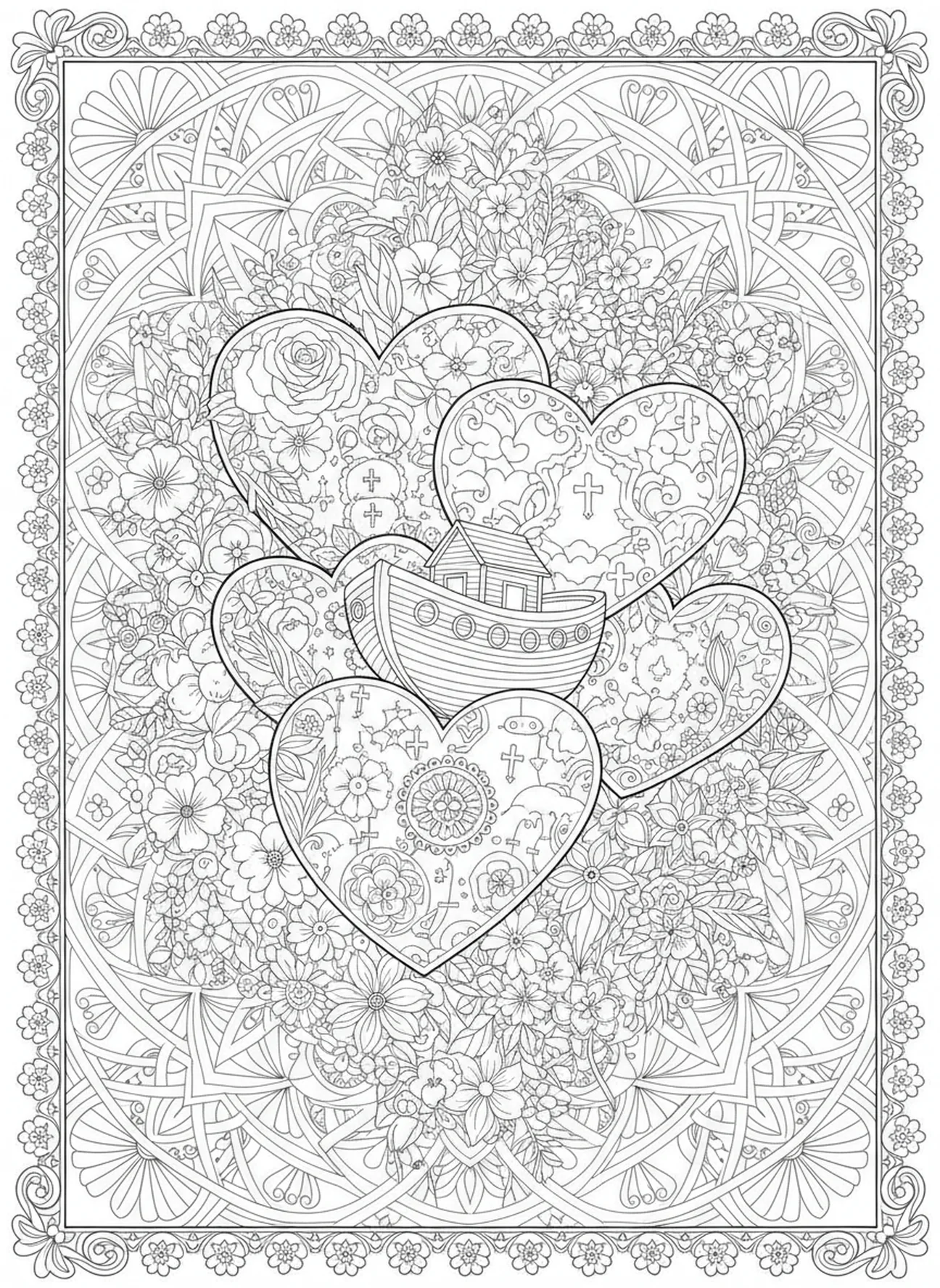 Herzen und zarte Blumen um die Arche, Adventswoche Liebe Ausmalbild für Erwachsene im Stil des Bibel-Journalings.