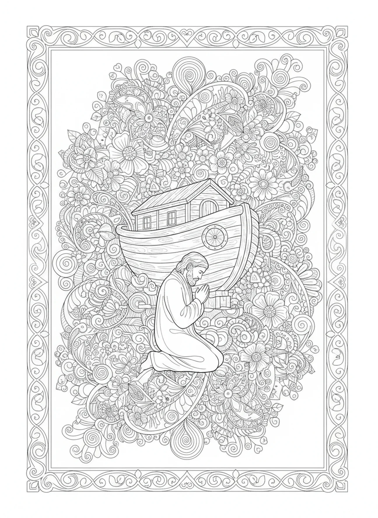 Noah, der im Gebet vor der Arche kniet, Ausmalbild für Erwachsene zur Adventswoche Liebe im Stil des Bibeljournalings.