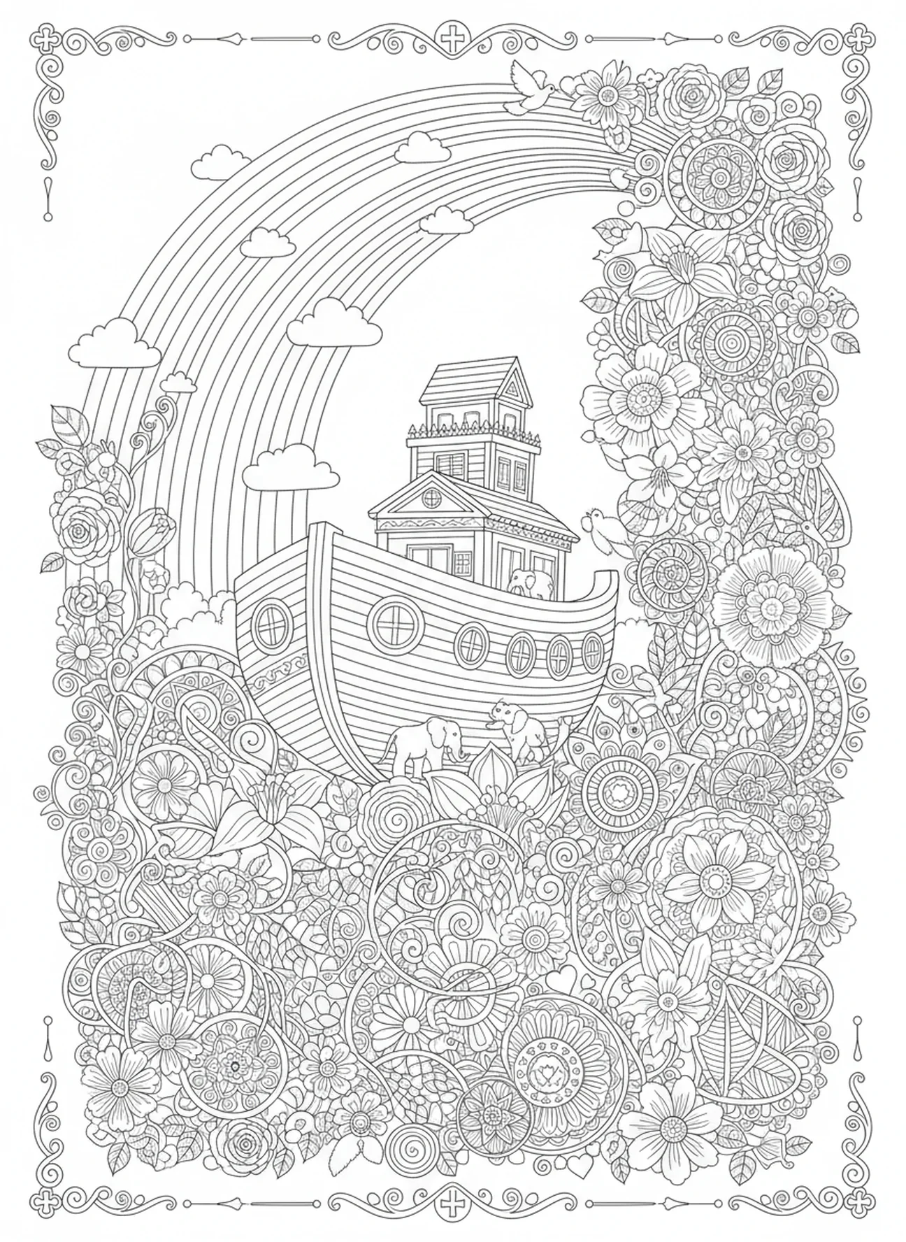 Lebendiger Regenbogen, der über die Arche spannt, Adventswoche Liebe Ausmalbild für Erwachsene im Stil des Bibeljournaling.