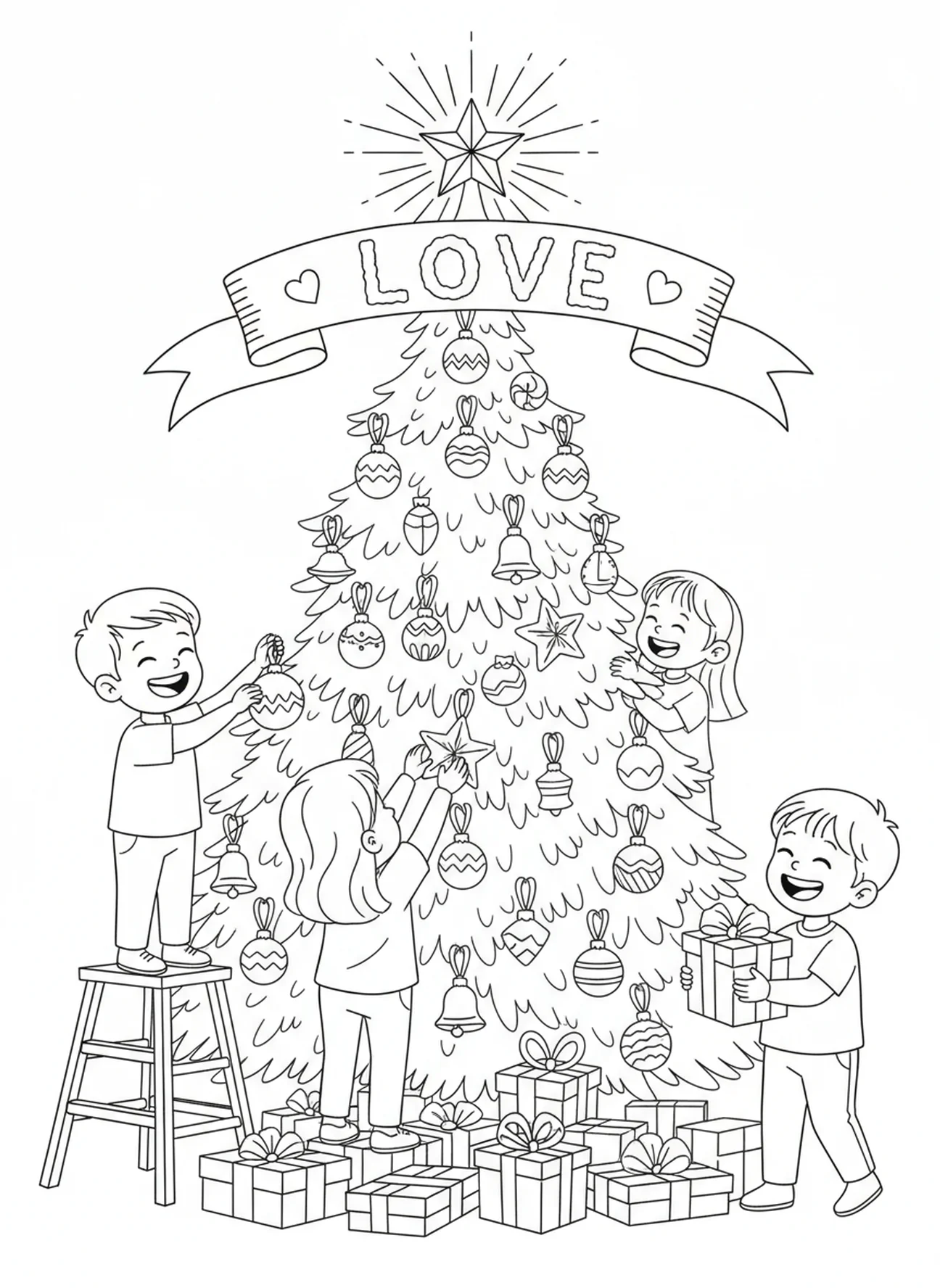Enfants décorant un sapin de Noël, page à colorier de la Semaine de l'Avent Amour pour les enfants de 5 à 10 ans.