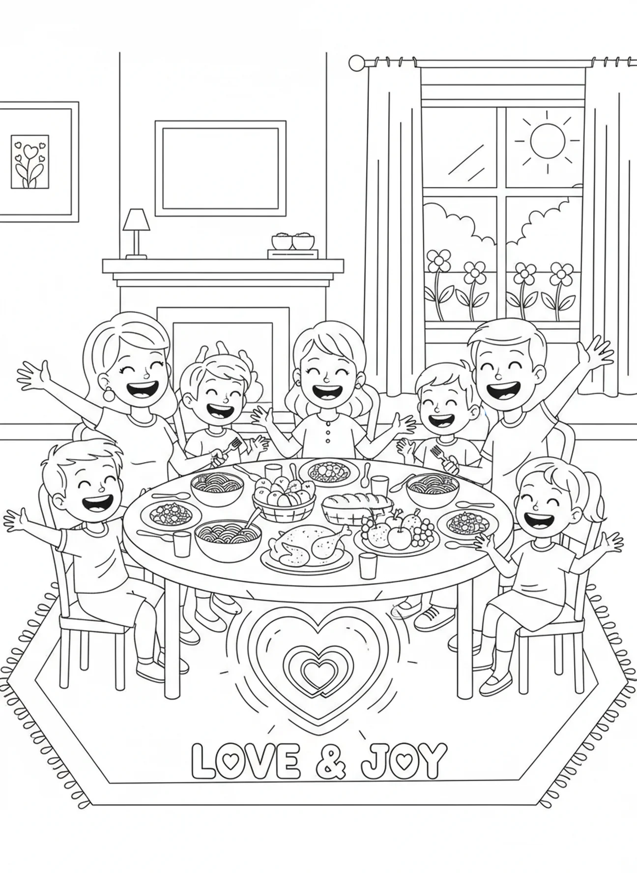 Famille réunie autour d'une table à dîner, page à colorier sur l'Amour de la Semaine de l'Avent pour les enfants de 5 à 10 ans.