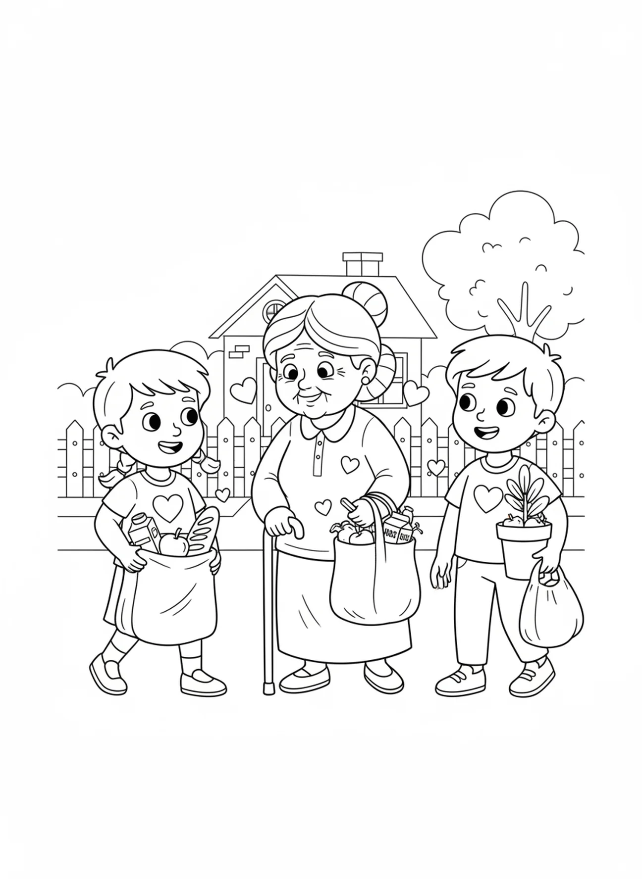 Enfants aidant un voisin âgé, page à colorier de la semaine de l'Avent sur l'amour pour les enfants de 5 à 10 ans.